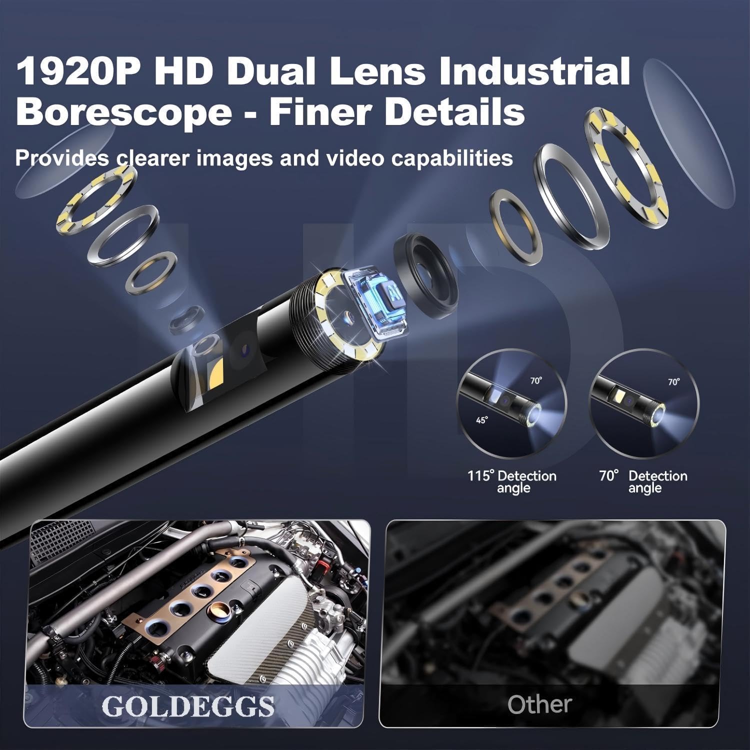 Detalle de Dual-Lens Endoscope Inspection Camera with Lights (1920P HD) and Semi-Rigid Snake Lens – UseePlus-style app support
