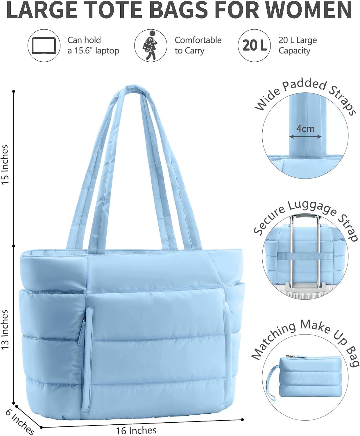 Detalle de Bagstellar Puffer Tote Bag, 20L Quilted Work Tote with 15.6-Inch Laptop Sleeve