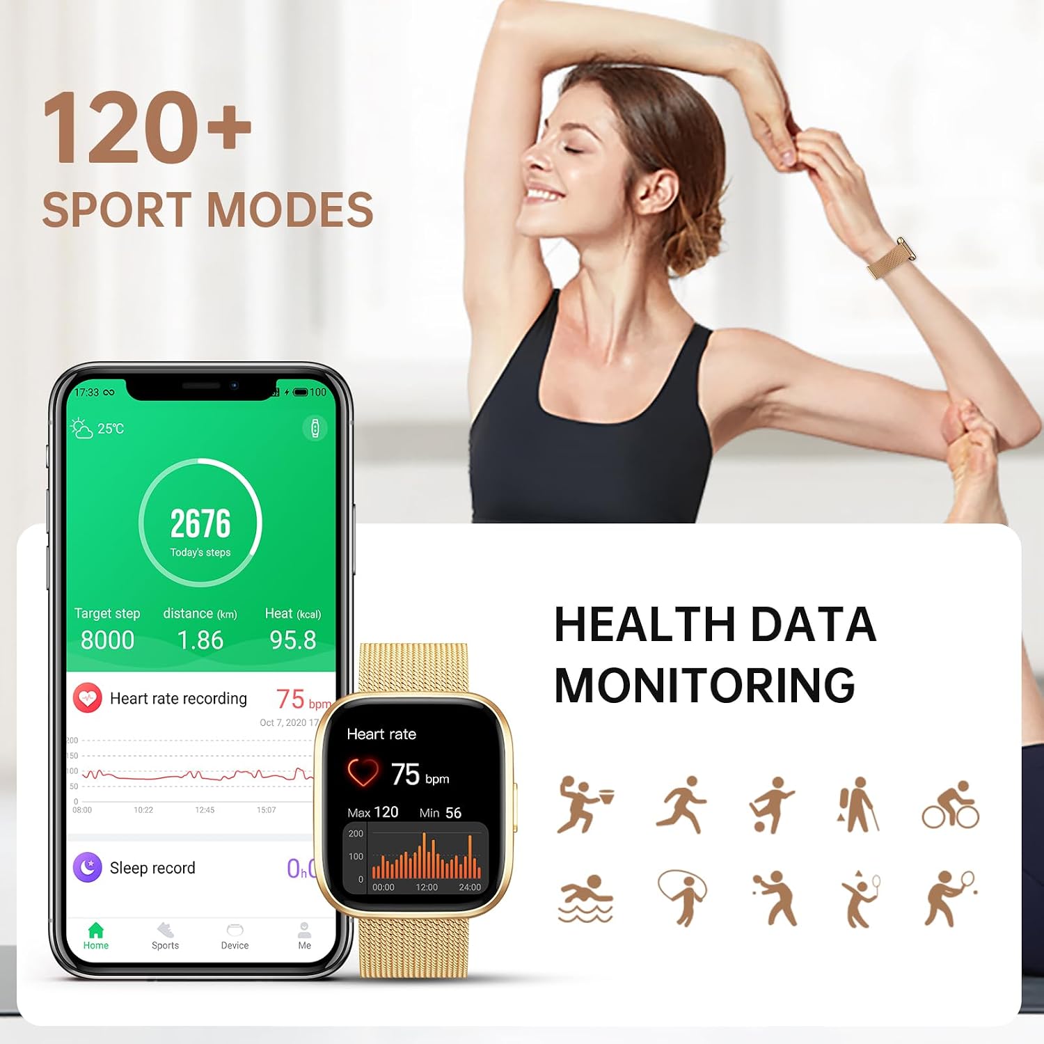 Detalle de Taopodo P114 Damen-Smartwatch mit Telefonfunktion – 1,85" Display, 120+ Sportmodi, IP68 & Gesundheitsfunktionen