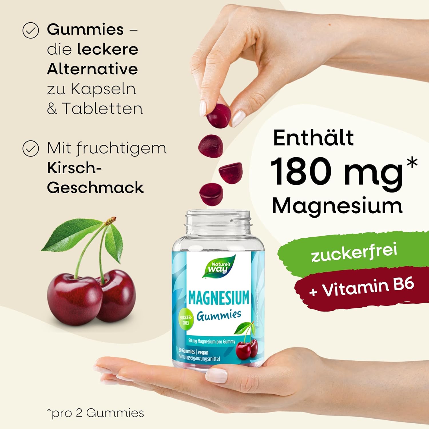 Detalle 2 de Zuckerfreie Magnesium Gummies hochdosiert mit 180 mg Magnesiumcitrat & Vitamin B6 (vegan) – 60 Stück, ab 7 Jahren