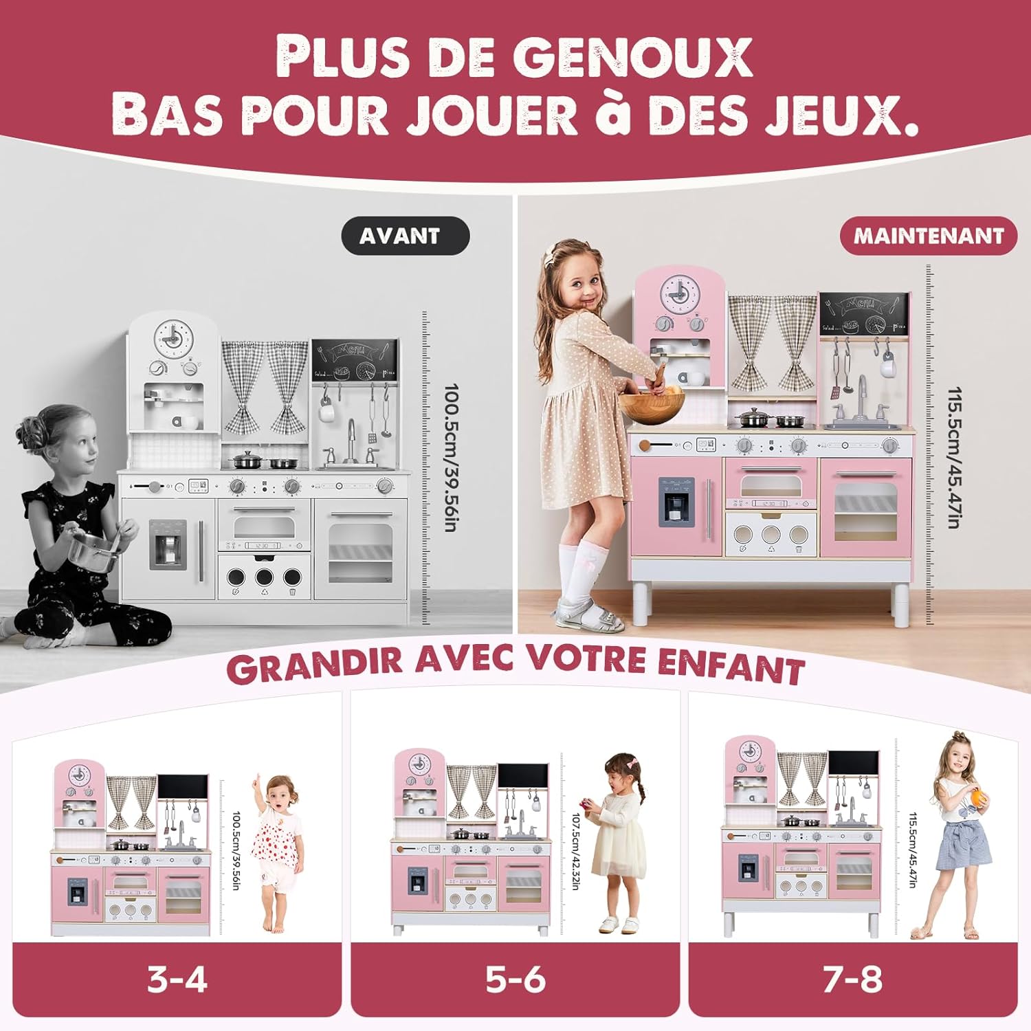 Thumbnail 2 de EDUBEBO Ensemble de Jeu de Cuisine pour Enfants – hauteur réglable en bois avec accessoires (Rose)