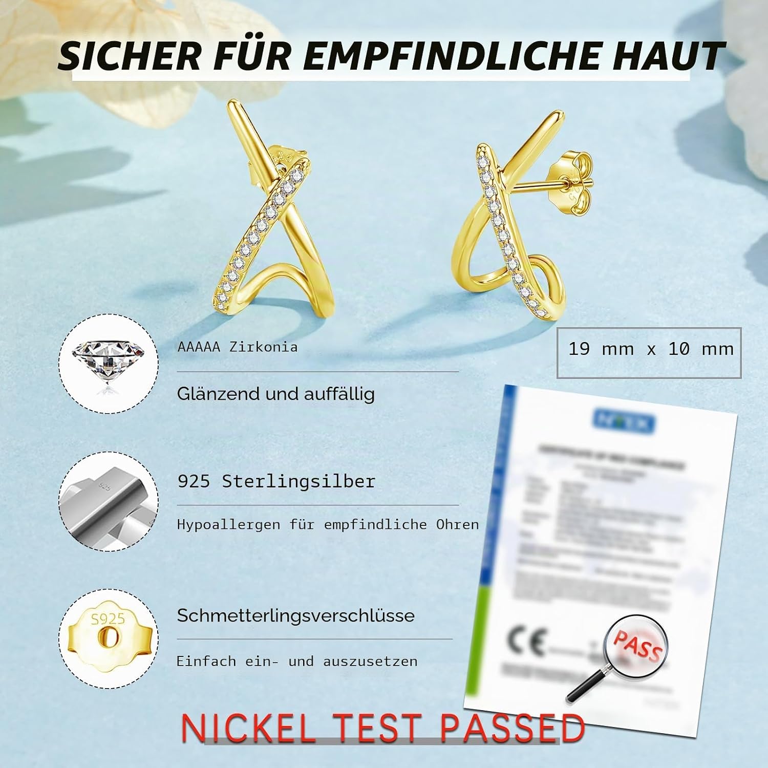 Detalle de Loutade Ohrstecker aus 925 Sterling Silber mit Cubic Zirkonia (X-Form) – hypoallergen & nickelfrei