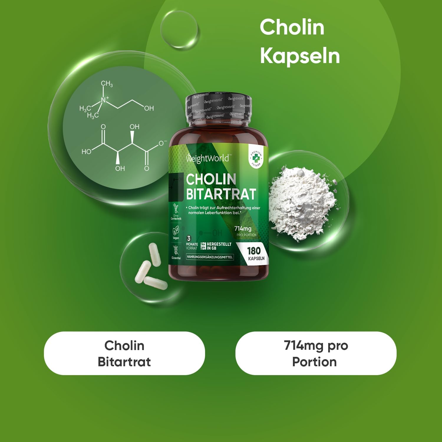 Detalle de WeightWorld Cholin Bitartrat Kapseln – 714 mg pro Portion, 180 Kapseln (für 3 Monate)