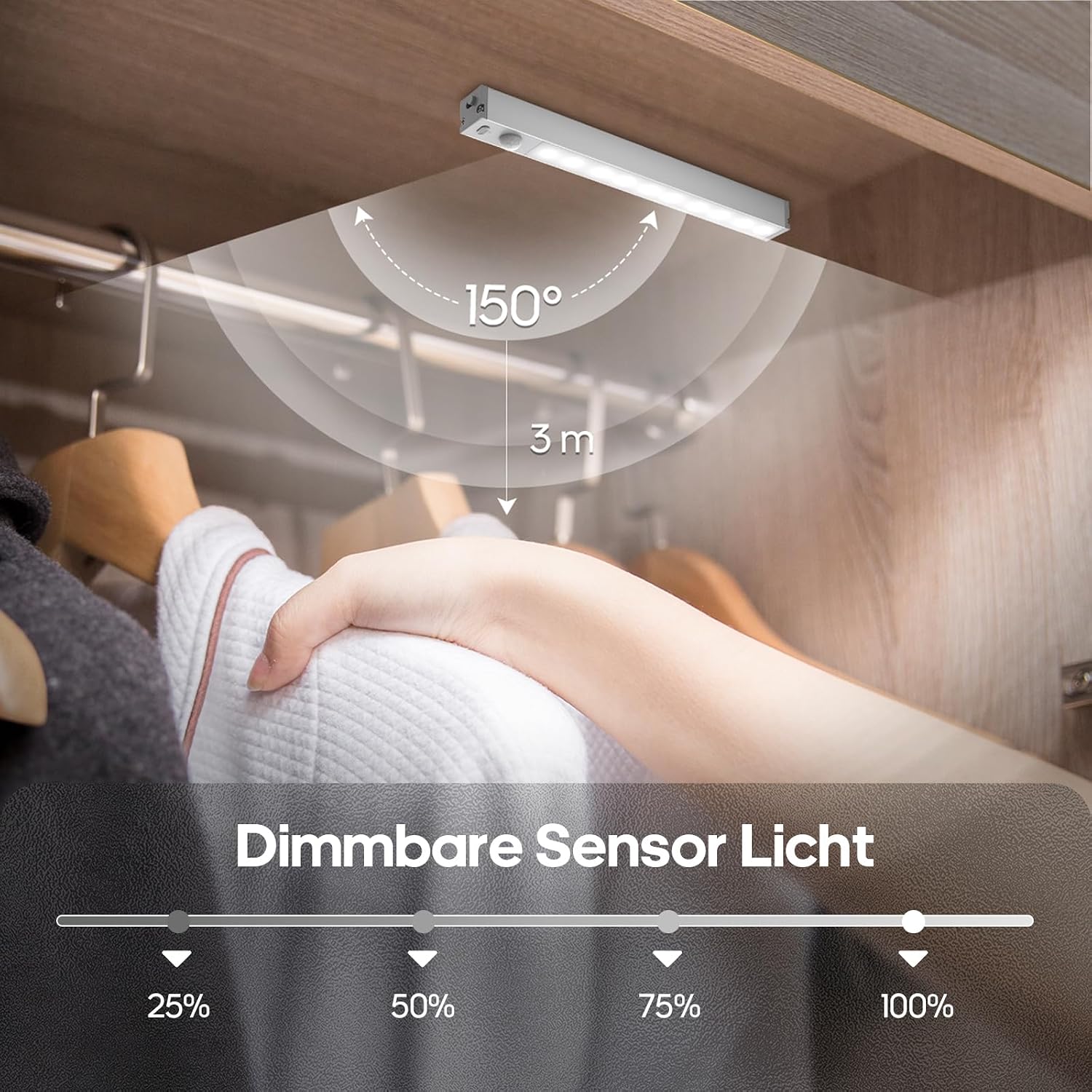 Detalle de GOODEA 18 cm Slim Bright LED Schrankbeleuchtung mit Bewegungsmelder (3er-Set, dimmbar)