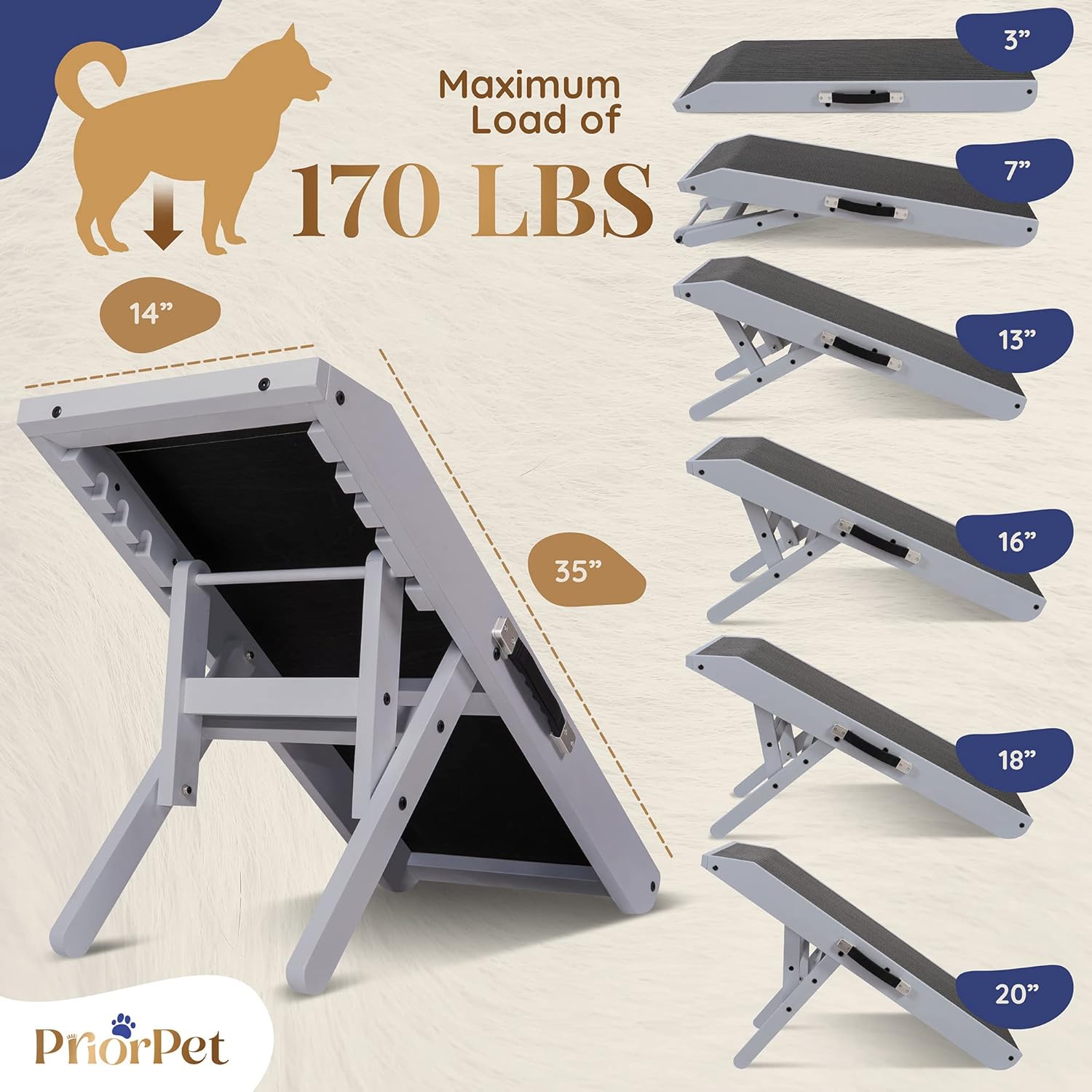 Thumbnail 4 de PRIORPET Birchwood Foldable Dog Ramp for Couch (7”–20” Adjustable)