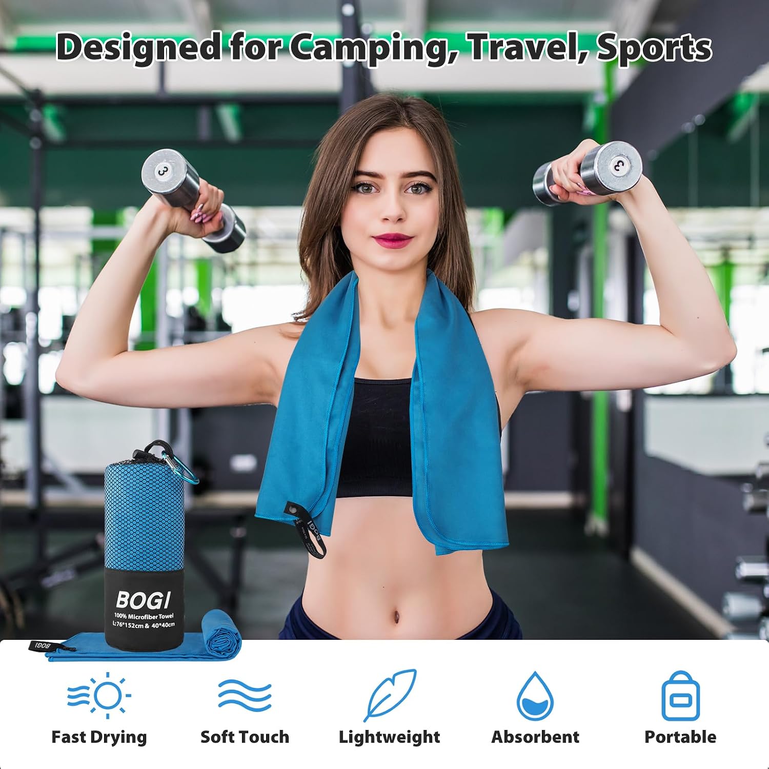 Detalle 2 de BOGI Microfibre Quick Dry Gym Towel (100cm x 50cm) – Soft, Lightweight & Super Absorbent (Blue)