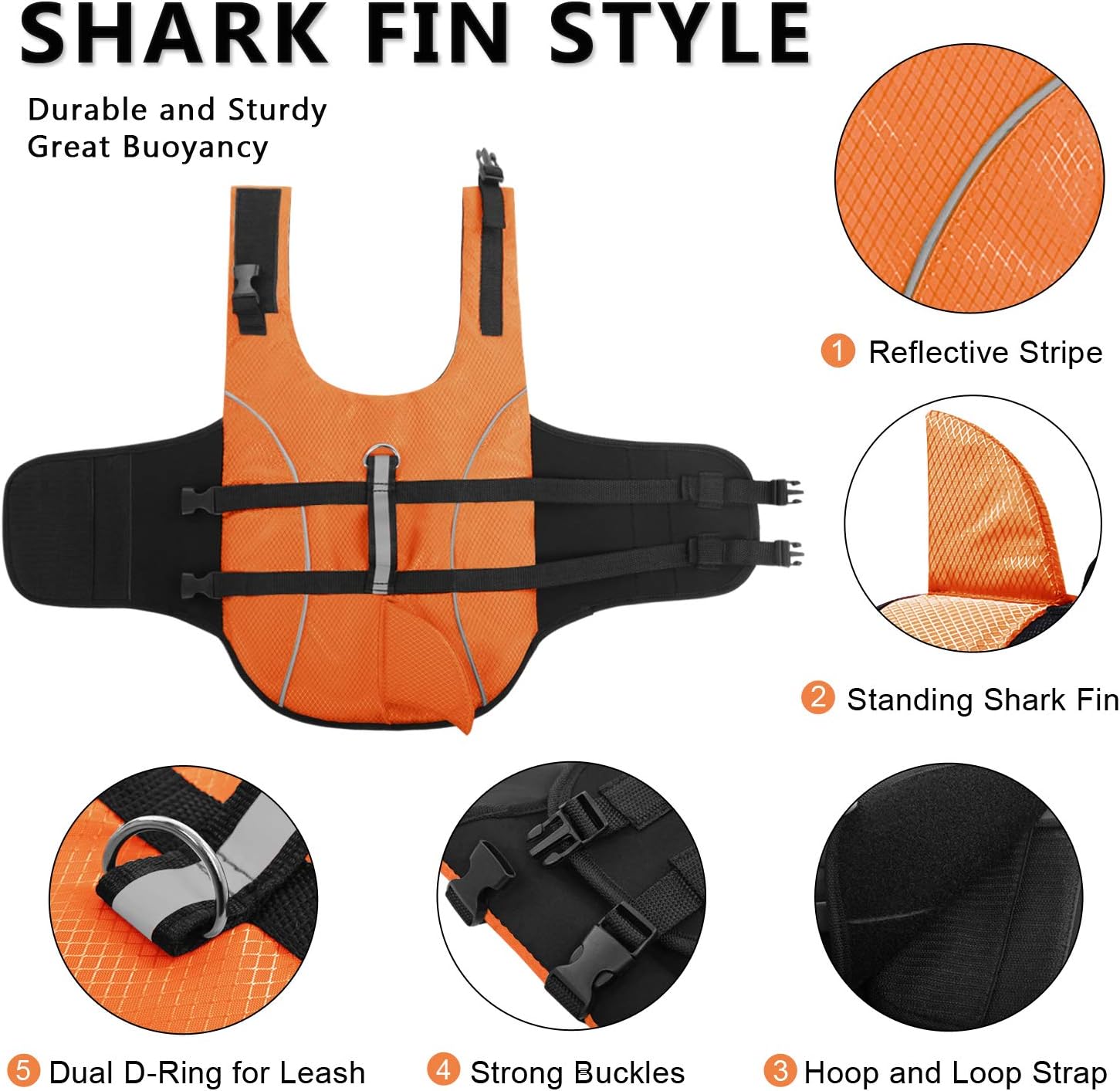 Detalle 2 de Queenmore Ripstop Dog Life Jacket Shark Style (Orange, XS) for Small & Medium Breeds