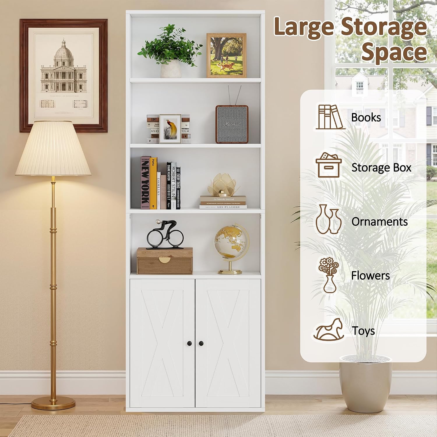 Thumbnail 6 de Shintenchi MSG002 Bookshelf, 6-Tier White Bookcase with Doors