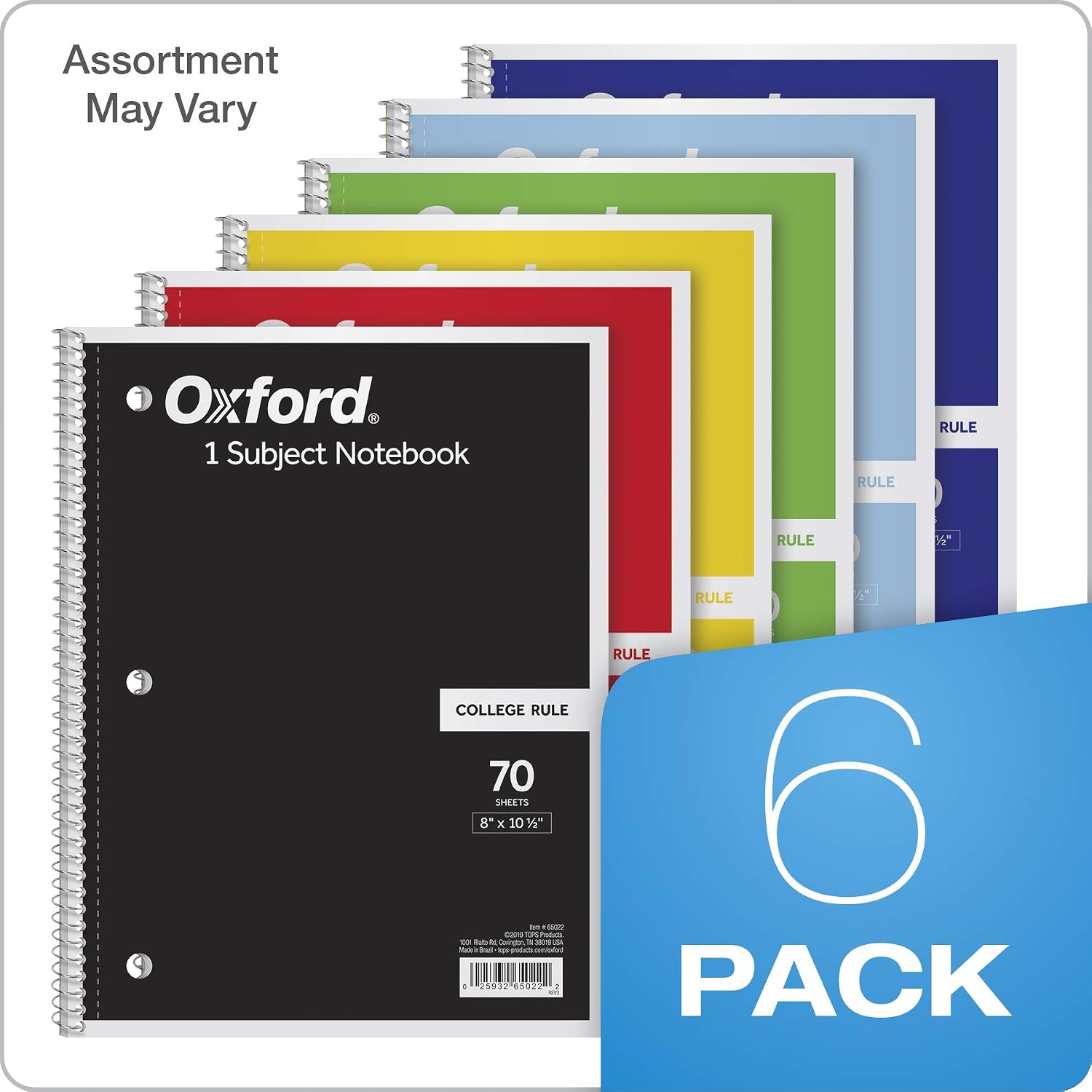 Detalle 2 de Oxford Spiral Notebook 6 Pack, 1 Subject, College Ruled (65007) – Color Assortment