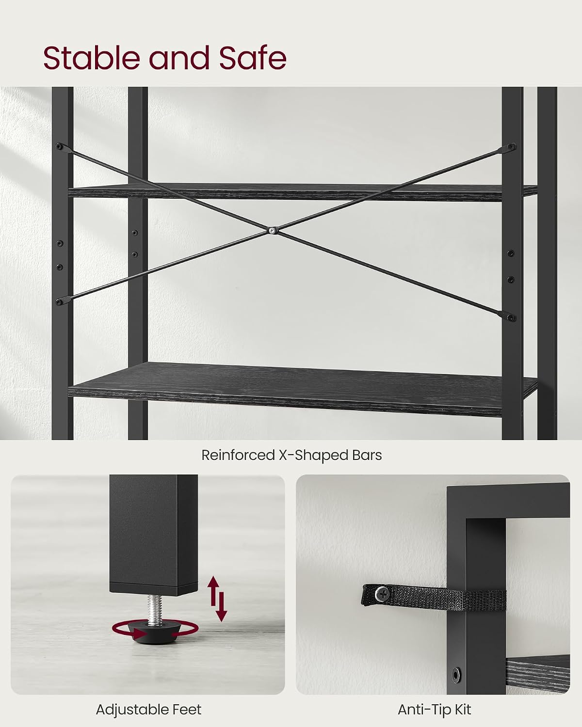 Detalle 1 de VASAGLE BARNET LLS082B56 6-Tier Bookshelf, Black Steel and Engineered Wood