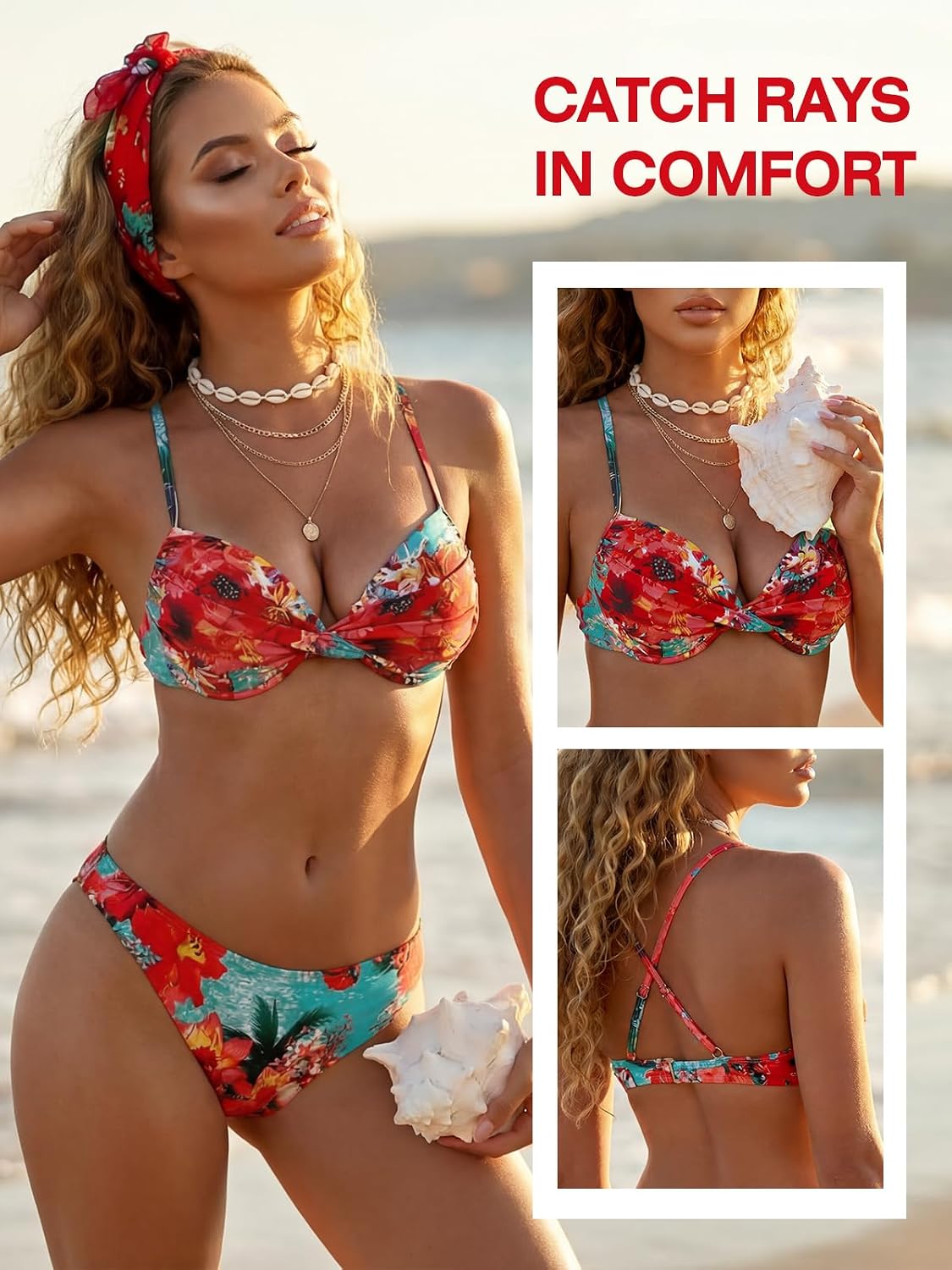 Detalle de RELLECIGA Women's Push-Up Bikini Top with Underwire, Moulded Cups and Cross-Front Pleats