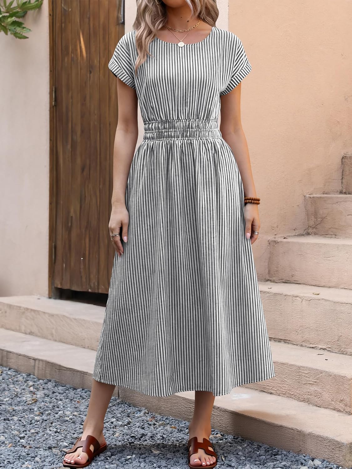 Detalle de ANRABESS Women's Summer Midi Dress with Stripes and Pockets