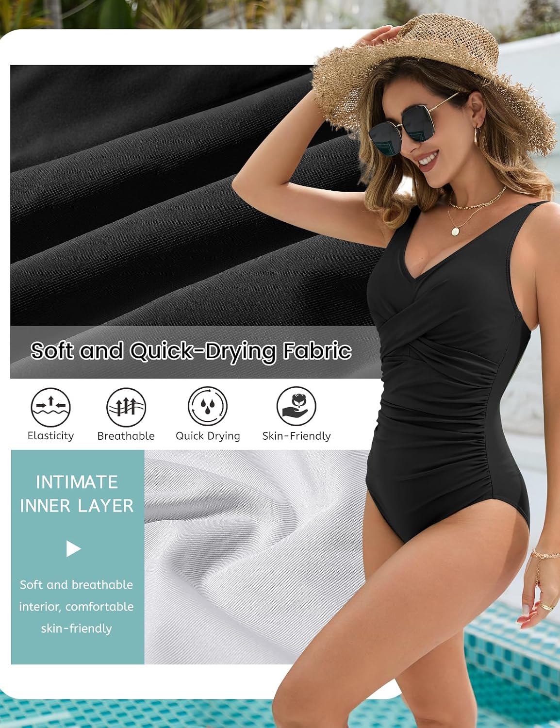 Detalle de UMIPUBO women’s tummy control one-piece swimsuit with ruched V-neck, padded push-up & cross front