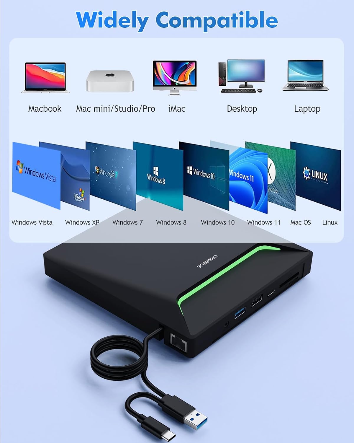 Thumbnail 5 de ORIGBELIE Neuestes Externes DVD-Laufwerk (USB 3.0) mit RJ45-Ethernet-Adapter und Kartenanschlüssen