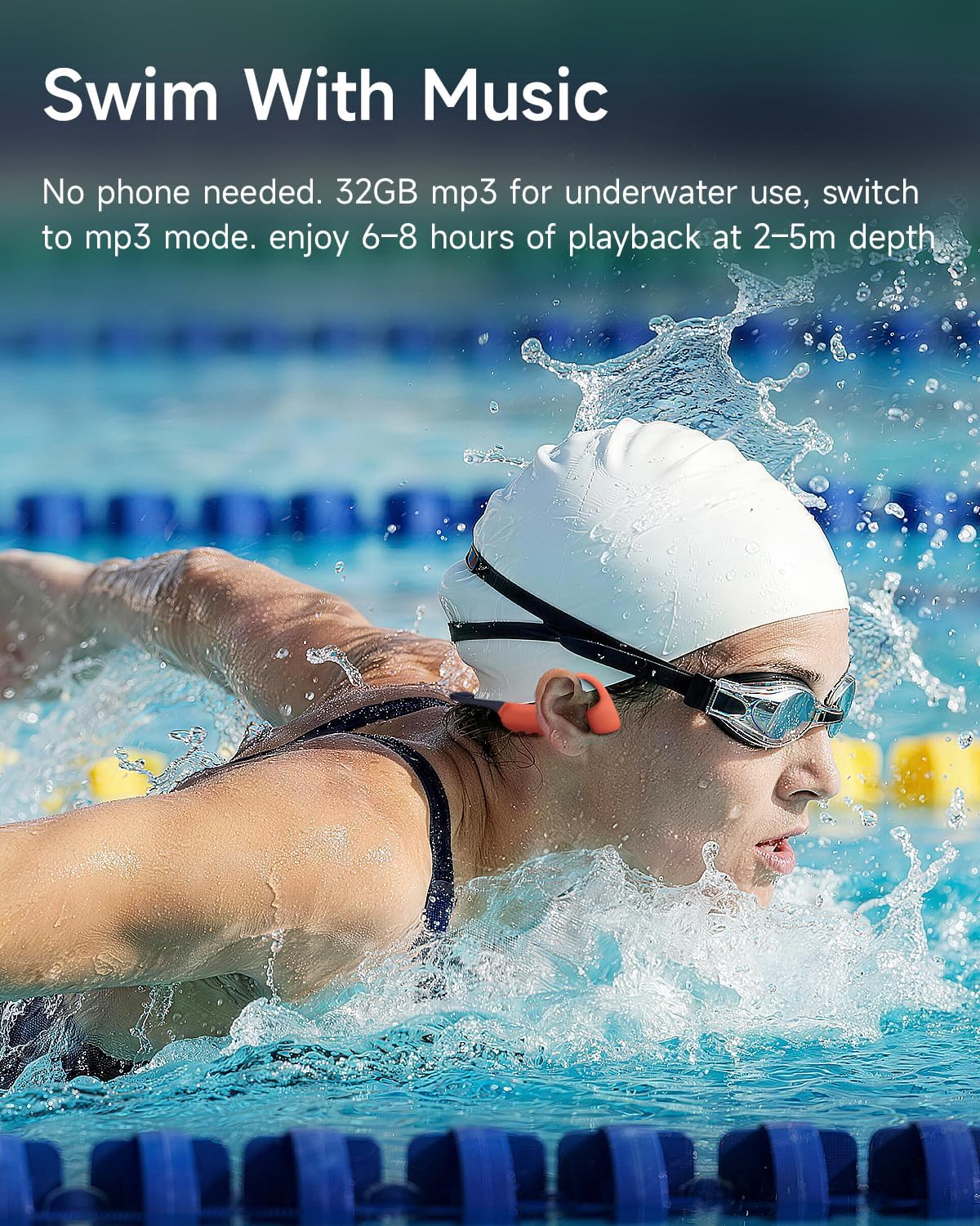 Detalle 2 de Swimming Headphones with Bone Conduction and 32GB MP3 — Open-Ear, IP68, Bluetooth 6.0