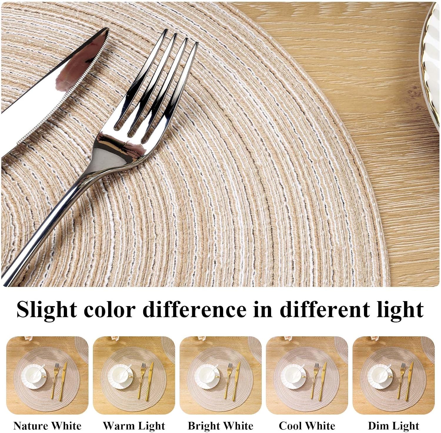 Thumbnail 5 de SHACOS 38cm Round Placemats Set of 6 – Braided woven, beige heat-resistant table mats