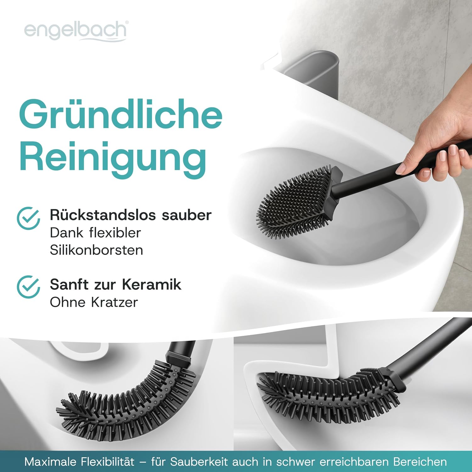 Thumbnail 4 de Engelbach Klobürste Silikon mit Edelstahl Griff & Halter – Wandmontage ohne Bohren, antibakteriell