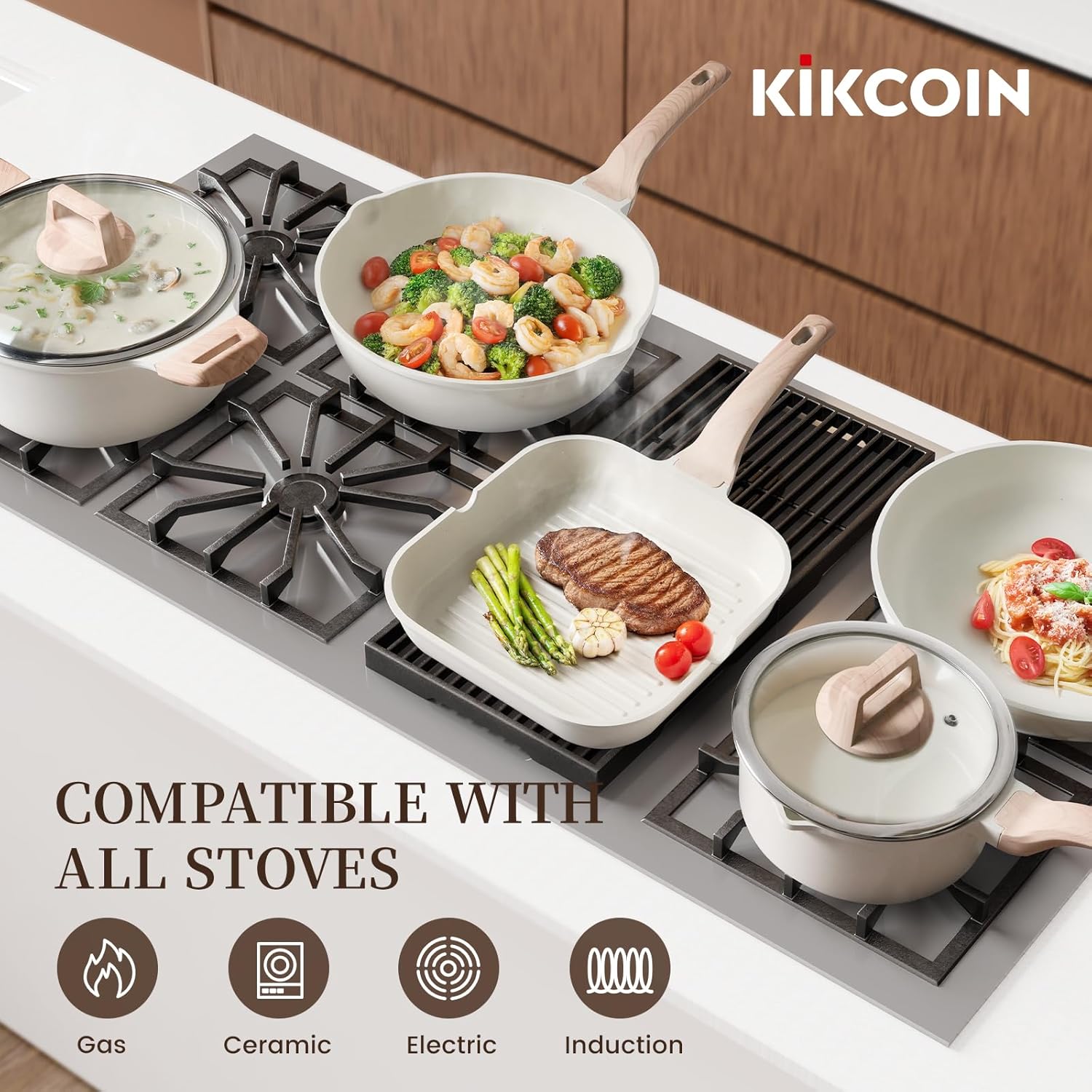 Thumbnail 5 de Kikcoin 16Pcs Ceramic Nonstick Pots & Pans Set with 9.5" Grill Pan (PTFE/PFOS/PFOA Free), Stackable White Set