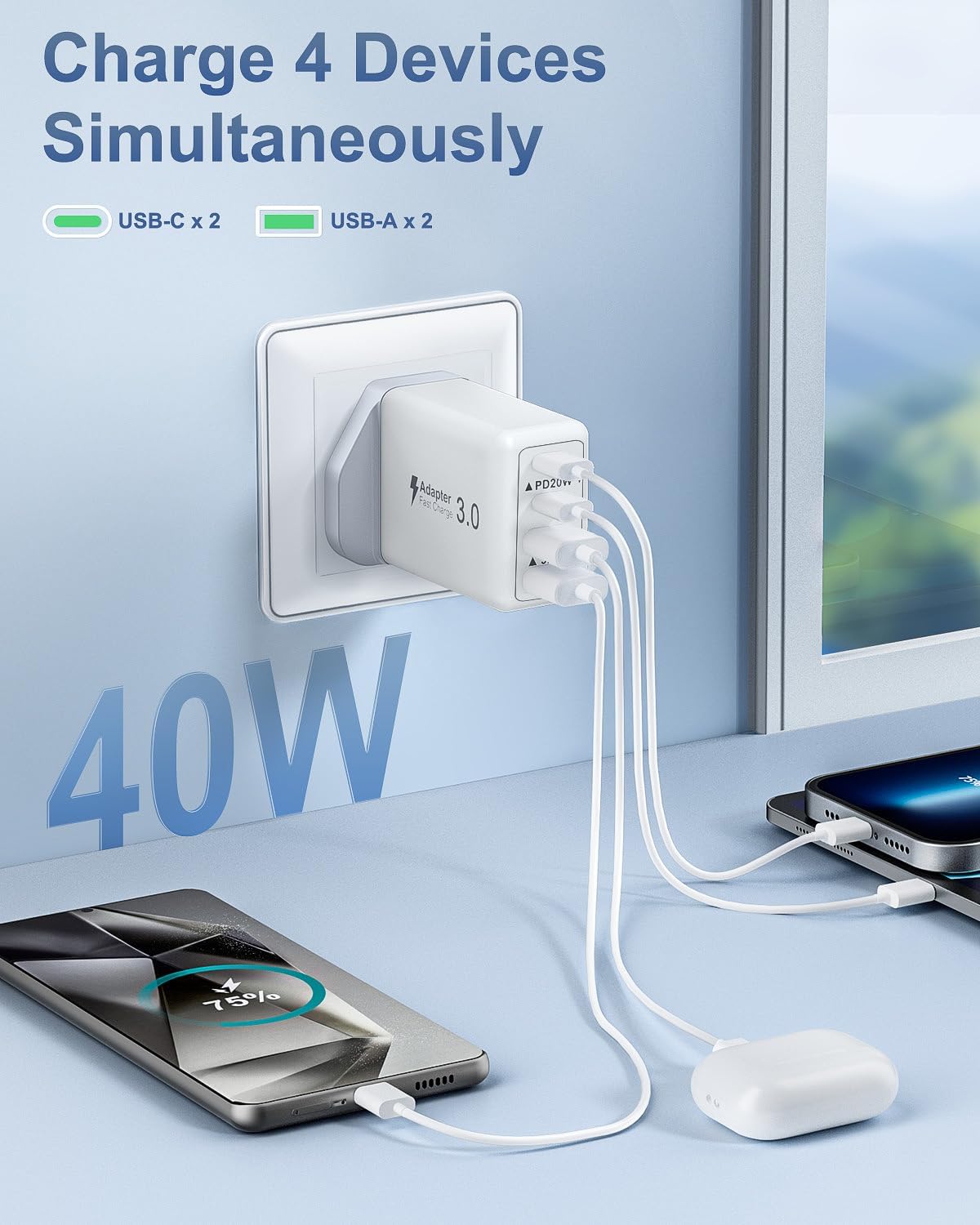 Thumbnail 6 de USB C Plug 40W 4‑Port Fast Charger for iPhone and Samsung