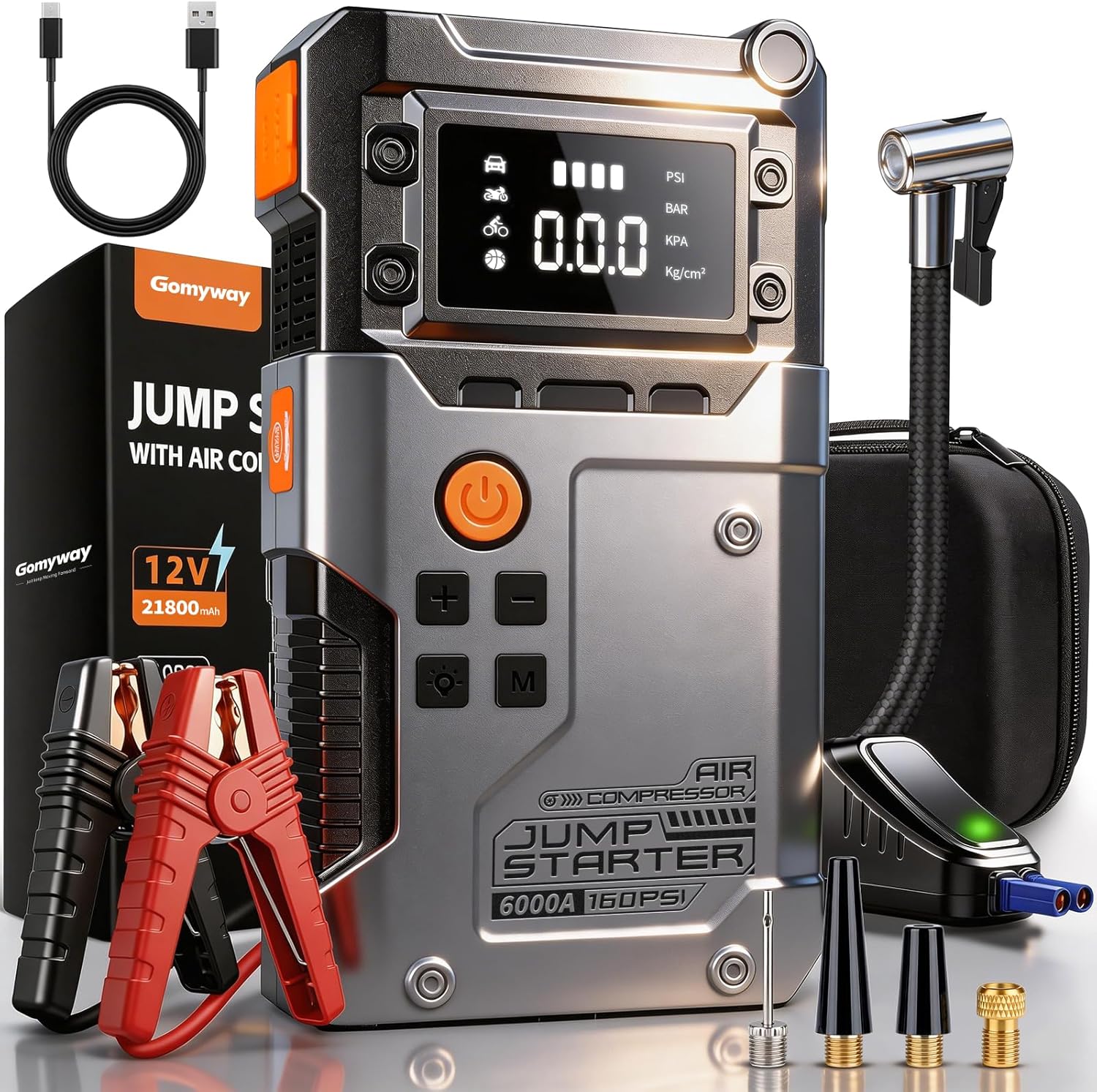 Detalle de Avviatore Batteria Auto 6000A con Compressore 160 PSI – Booster Portatile per 12V (gas/diesel) con LCD e USB