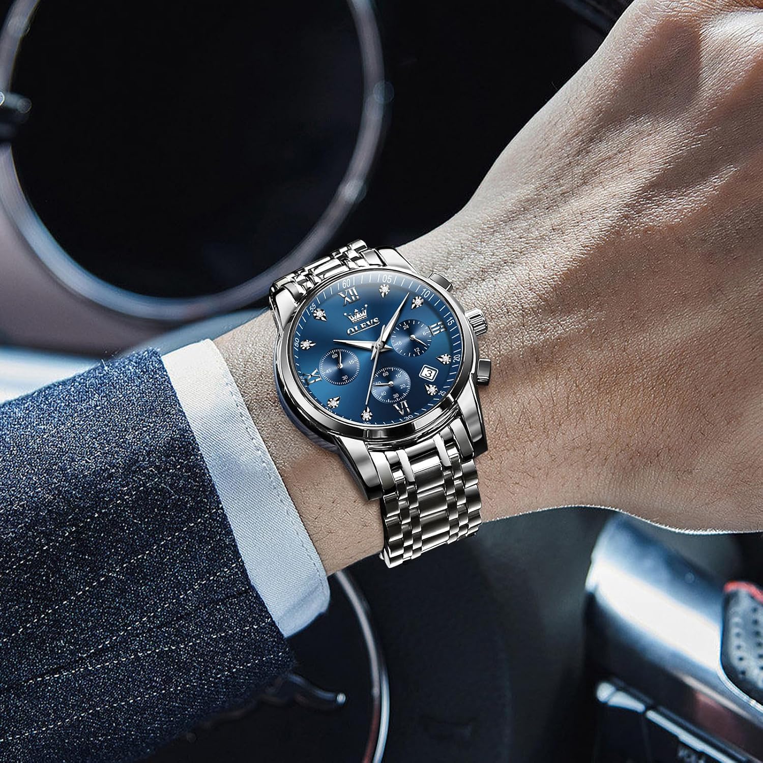 Detalle de OLEVS Men's Chronograph Watch: Gold & Silver Stainless Steel with Diamond Accents