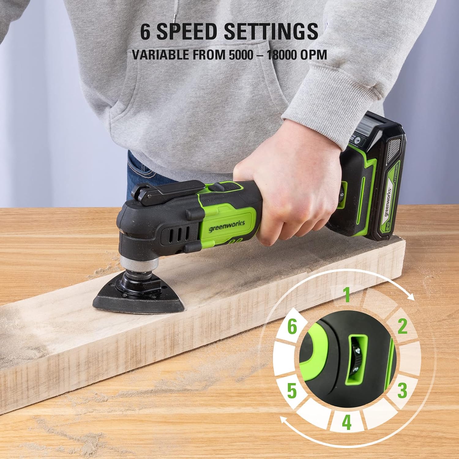 Detalle de Greenworks G24MTK2 Utensile Multifunzione a Batteria: oscillante, 6 velocità e 5 accessori da 24V con batteria 2Ah