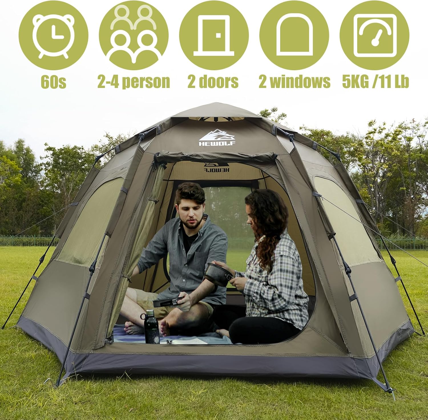 Detalle de Hewolf 2/3/4 Person Camping Tent — Instant Pop Up, Waterproof 4500mm, 2 Doors