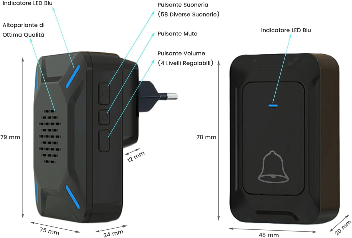 Thumbnail 1 de YYQ Campanello Senza Fili da Esterno IP68 con Grande Altoparlante – 2 Trasmettitori e 2 Ricevitori