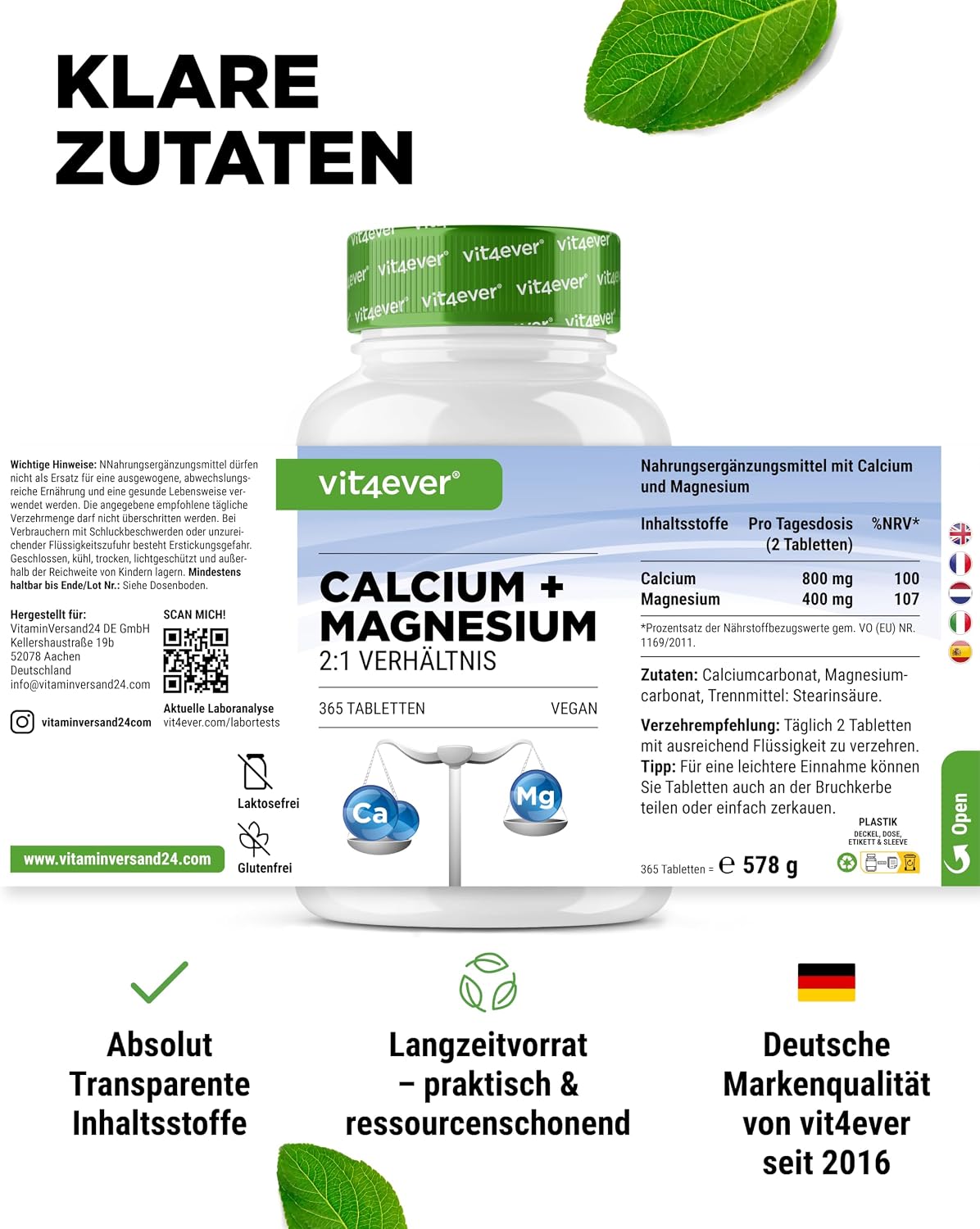 Thumbnail 4 de Calcium 800 mg + Magnesium 400 mg (2 Tabletten) - 365 Tabletten - 6 Monatsvorrat - Kalzium + Magnesium-Komplex im 2:1 Verhältnis - Vegan - Hochdosiert
Calcium 800 mg + Magnesium 400 mg (2 Ta…