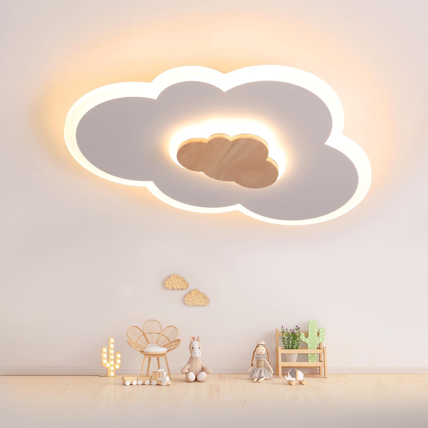 Detalle de FANLG LED-Deckenlampe Kinderzimmer, 40 cm | Wolkenlampe mit Holz-Details, Warmweiß 3000K, 20W
