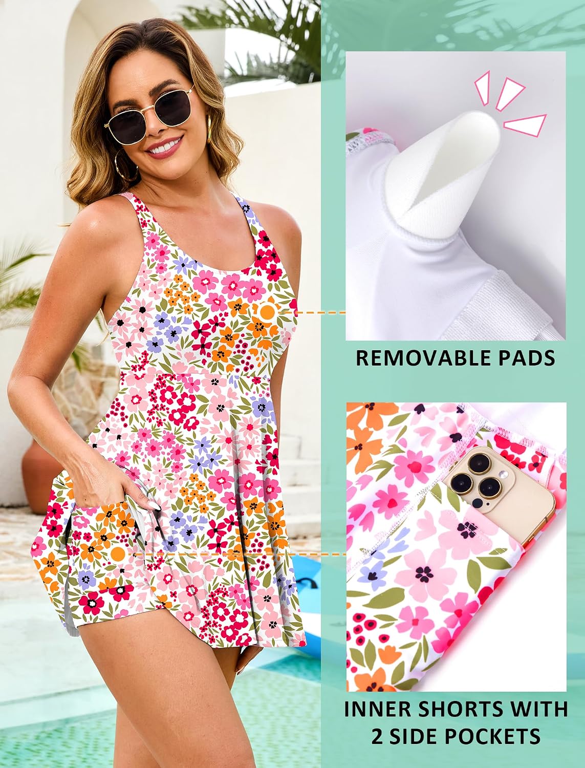 Detalle de HUSKARY One Piece Swimsuit Women Tummy Control Swim Dress – Flattering, Secure, All-Day Comfort