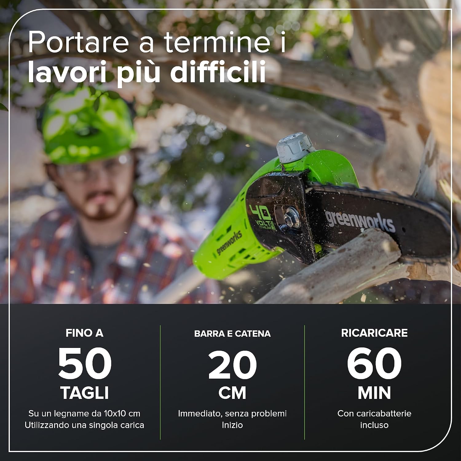 Detalle de Greenworks G40PSFK2 Sega ad asta a batteria 40V con barra da 20 cm e impugnatura telescopica