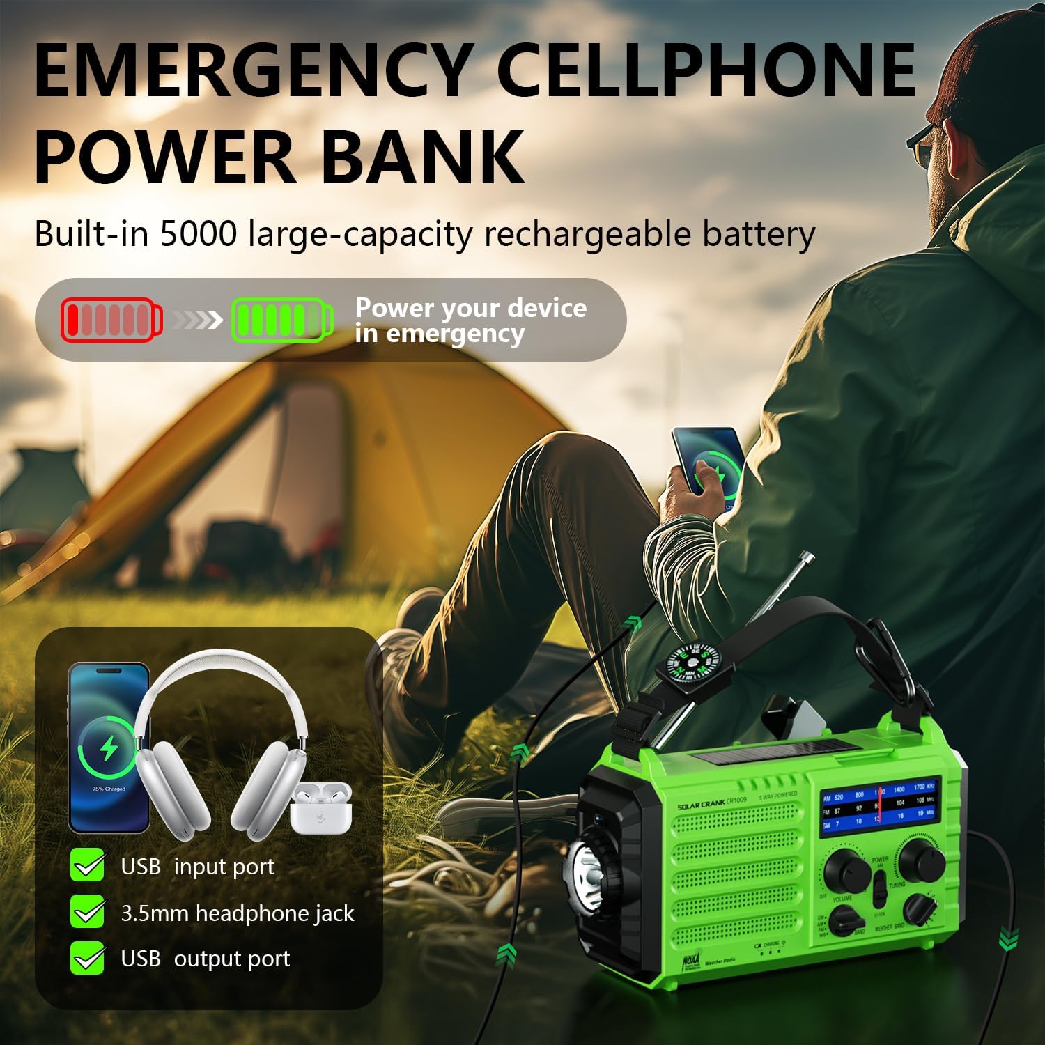 Detalle de PPLEE CR1009 Emergency Weather Radio with NOAA, 5-Way Power and LED Lights