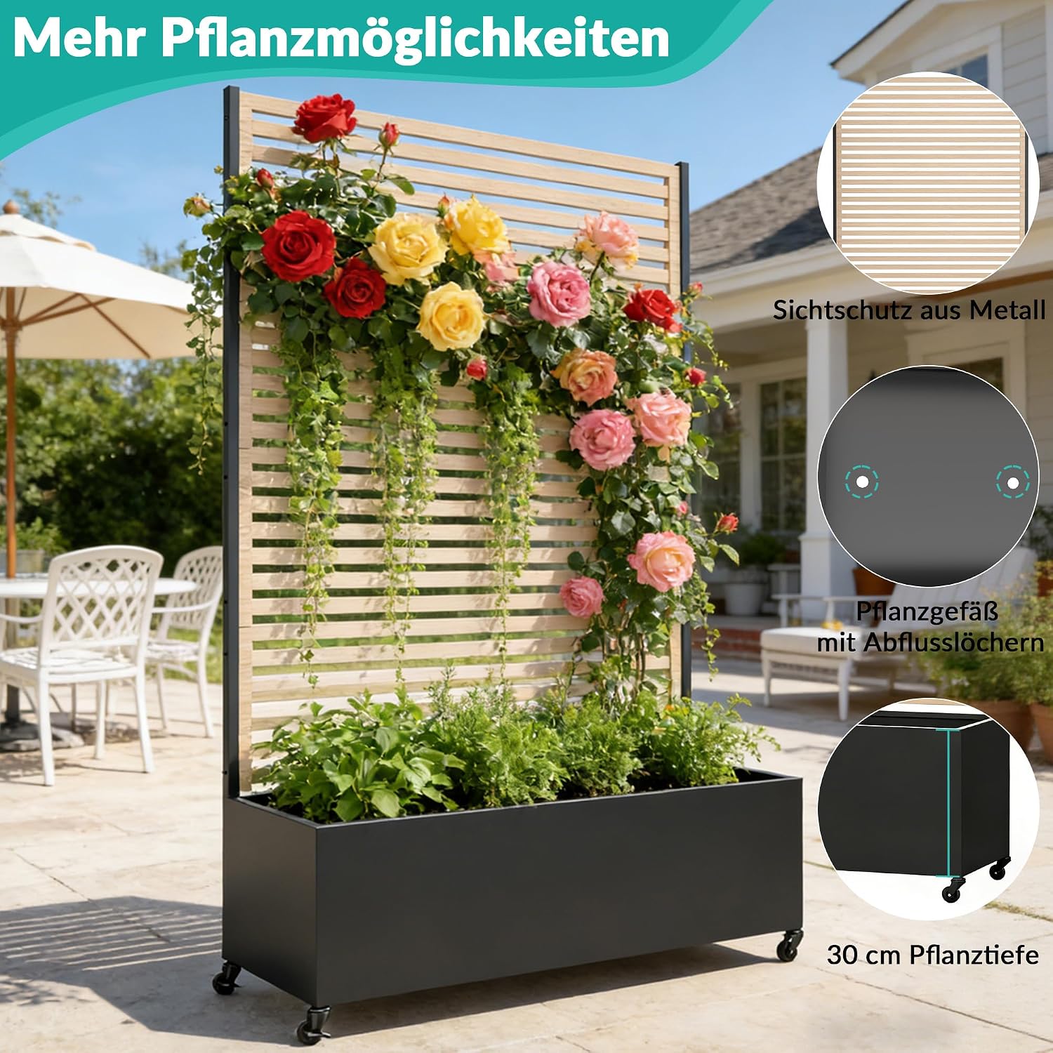 Detalle de Pflanzkasten aus Metall mit Spalier – Hochbeet mit Rädern, wetterfest, freistehender Sichtschutz für Balkon, Terrasse oder Garten