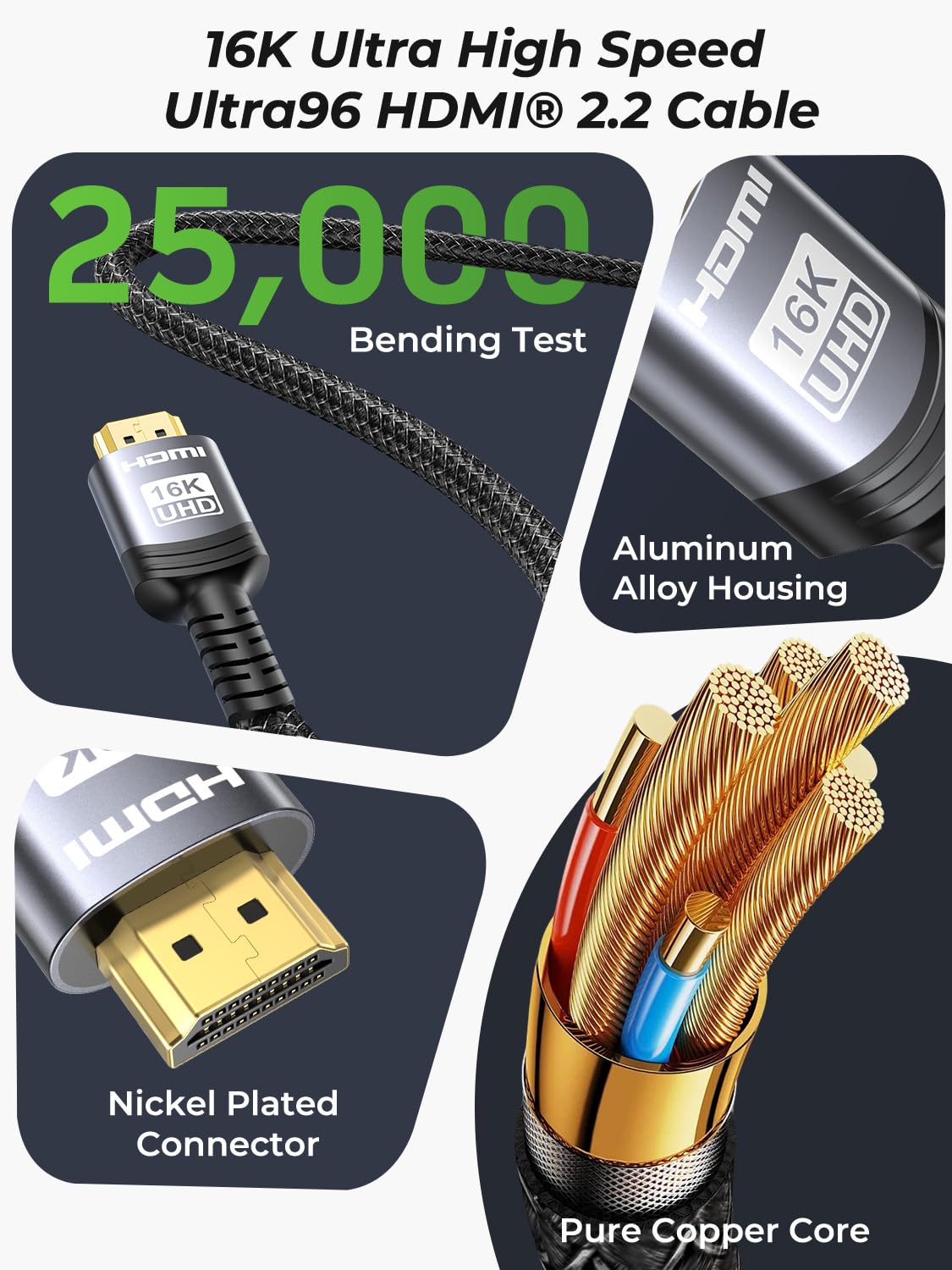 Thumbnail 6 de Sniokco SN-16KHD-1.5M HDMI 2.2-kabel van 1,5 m, 96 Gbps en gevlochten nylon
