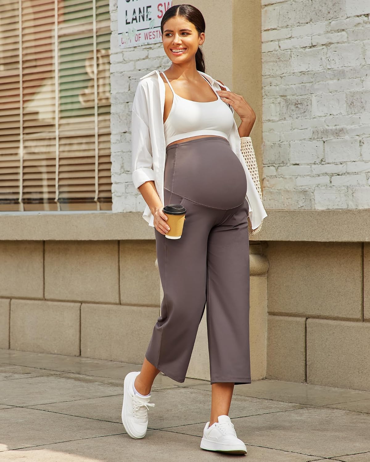 Detalle de G4Free Wide Leg Maternity Trousers Over The Belly Capri Yoga Pants with Pockets