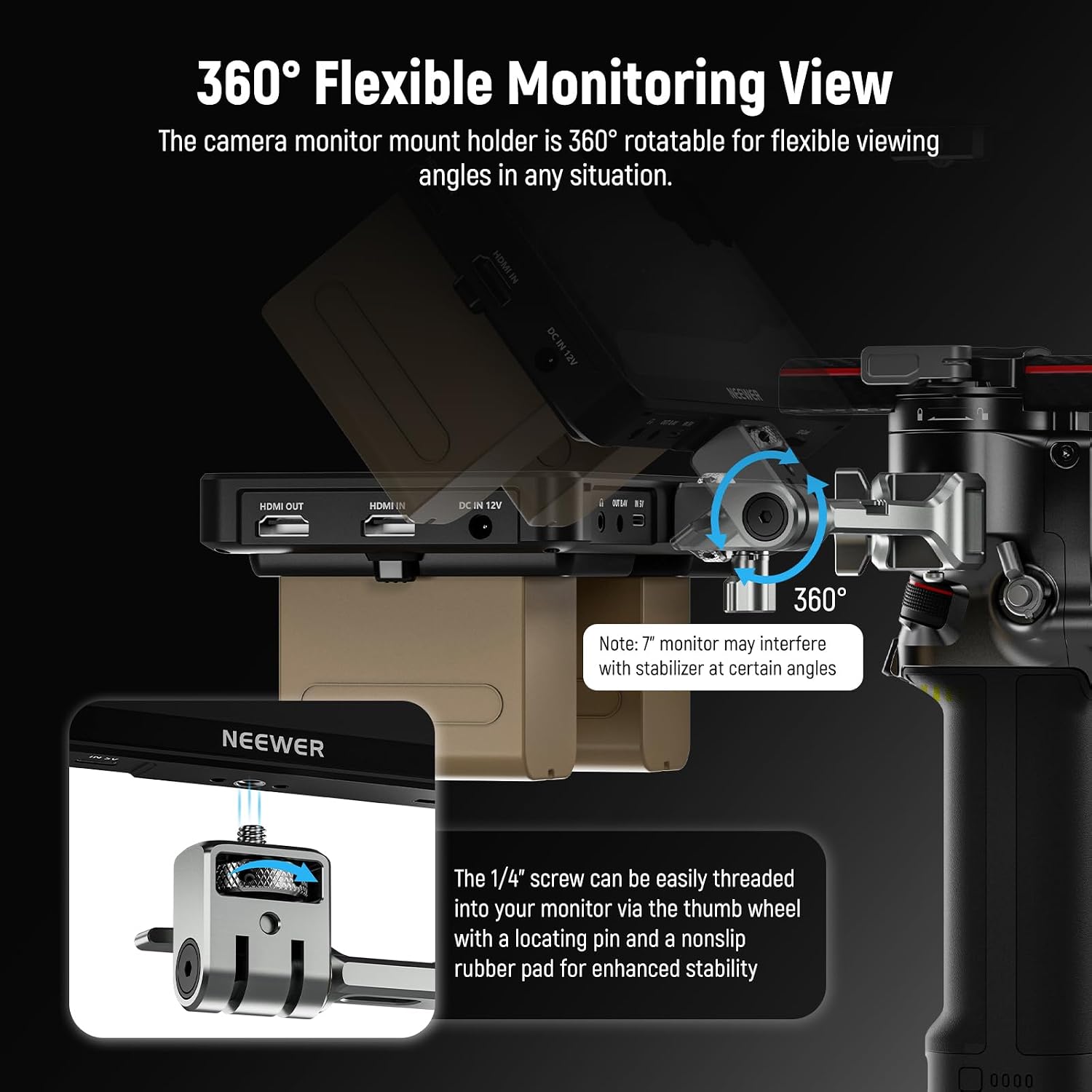 Detalle de NEEWER NATO Monitorhalterung für DJI RS & Ronin Gimbal – 360° drehbar mit NATO-Klemme und 1/4" Gewinde