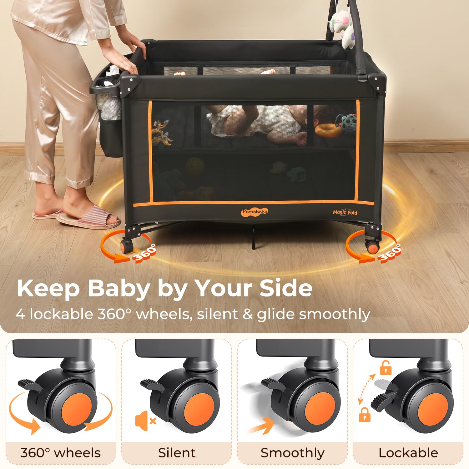 Detalle de Pamo Babe Pack and Play Travel Crib with Mattress, Folding Playard and Lockable Wheels