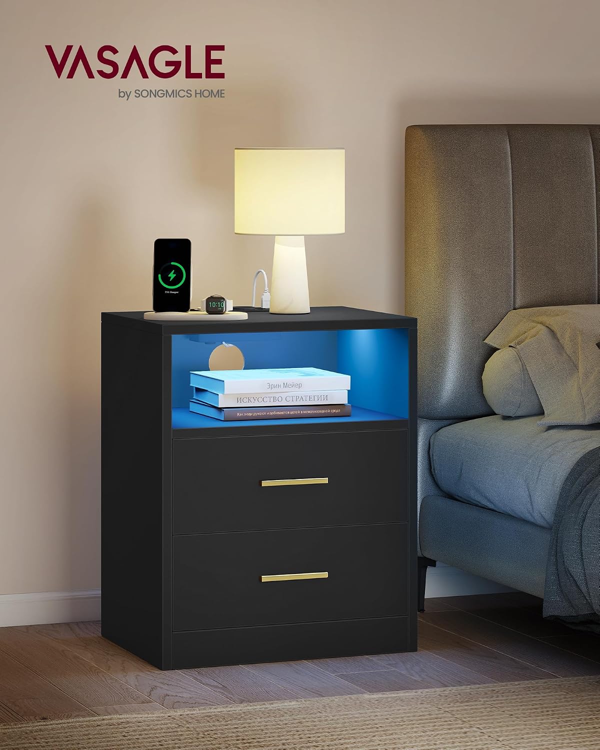 Detalle 2 de VASAGLE LET829BC01 Custos sängbord, 2-pack med LED och uttag, bläcksvart