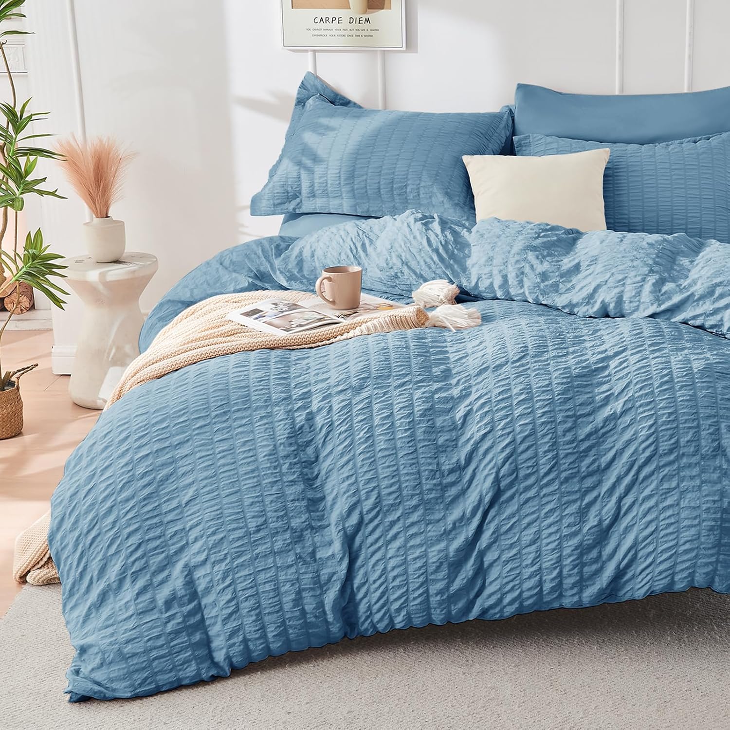 Thumbnail 6 de HYMOKEGE Beige Queen Duvet Cover Set (3-Piece) — Seersucker Microfiber with Zipper & 8 Corner Ties