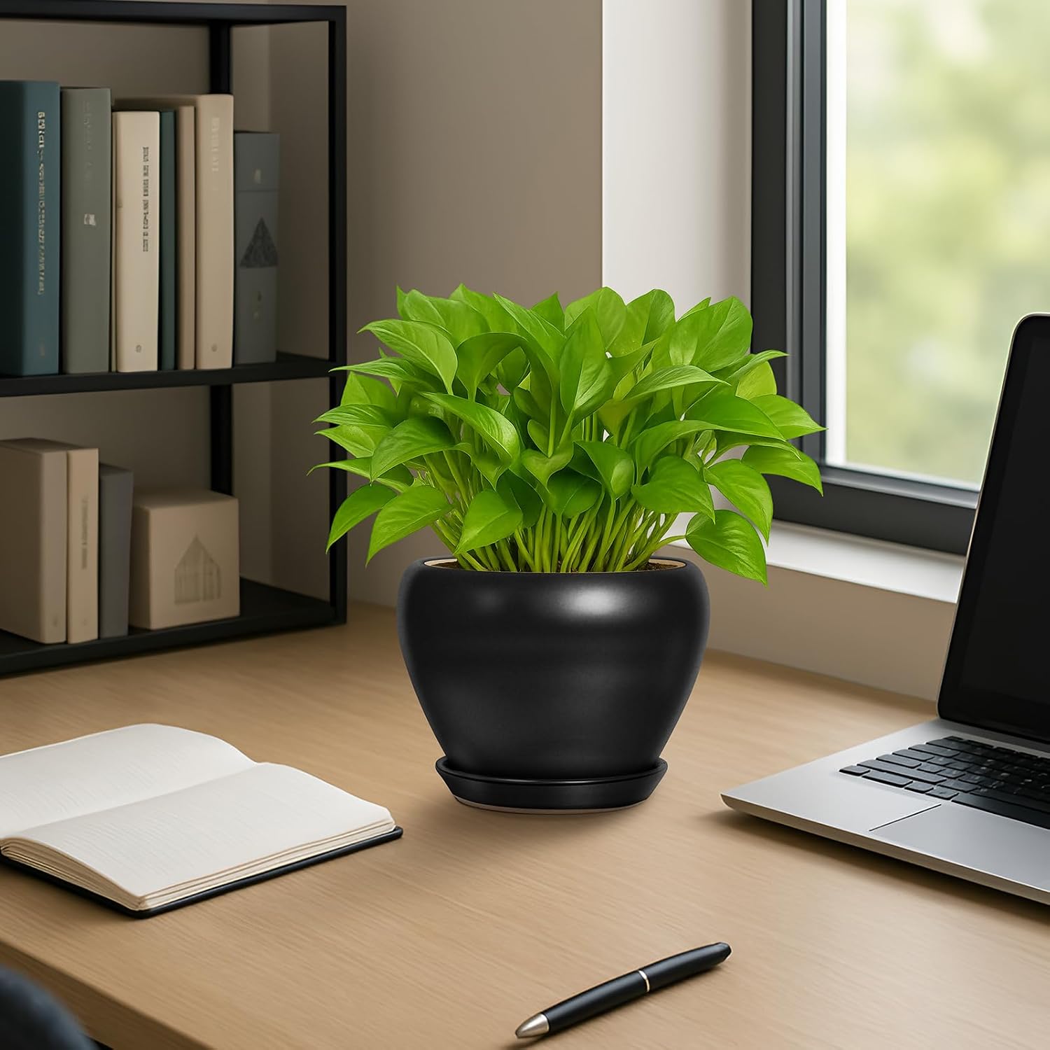 Detalle 2 de Deep Dream 6-Inch Ceramic Planter with Drainage Hole and Tray, Matte Black