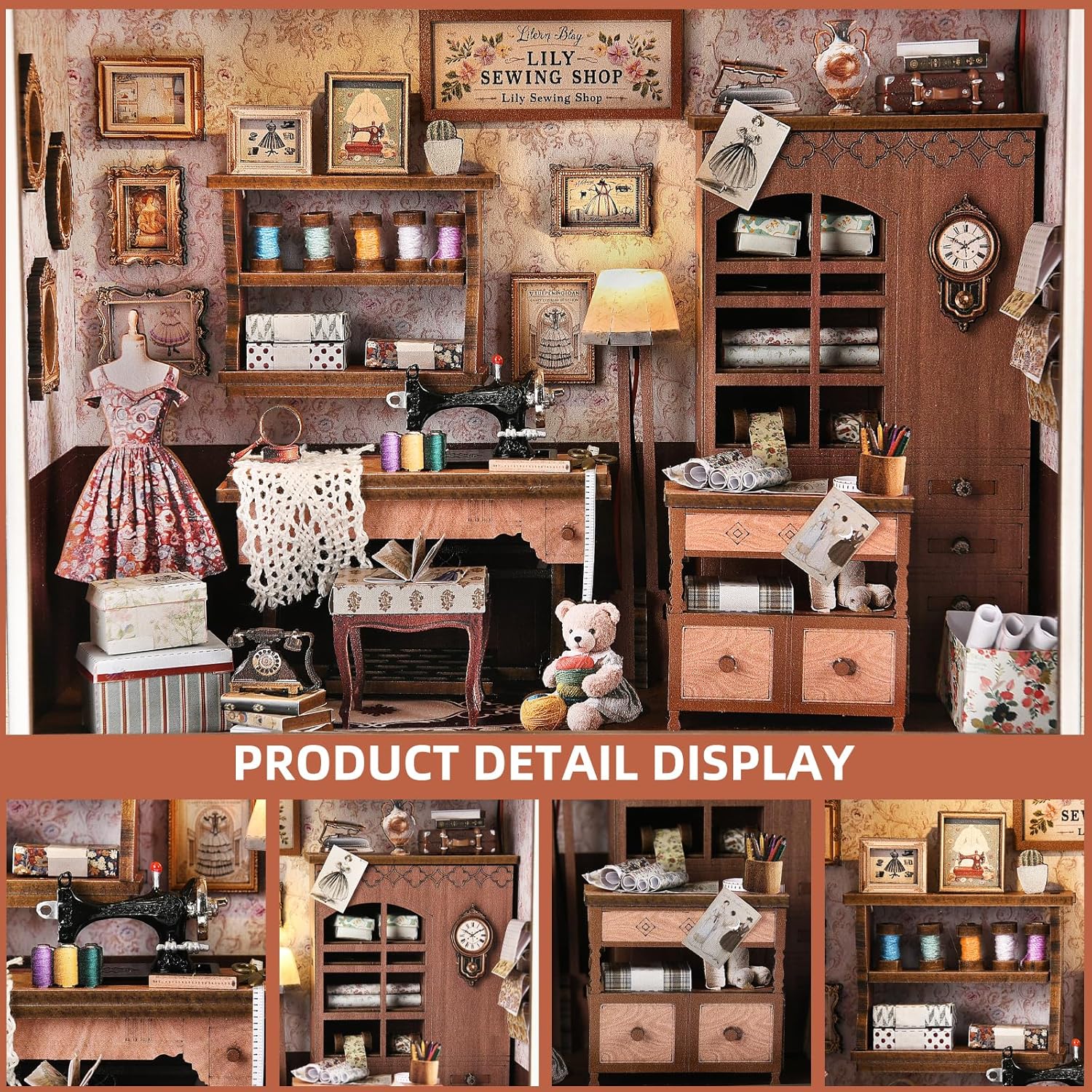 Detalle de ETKVR Book Nook Kit Lily Sewing Shop: Cornice-atelier 3D in legno da parete