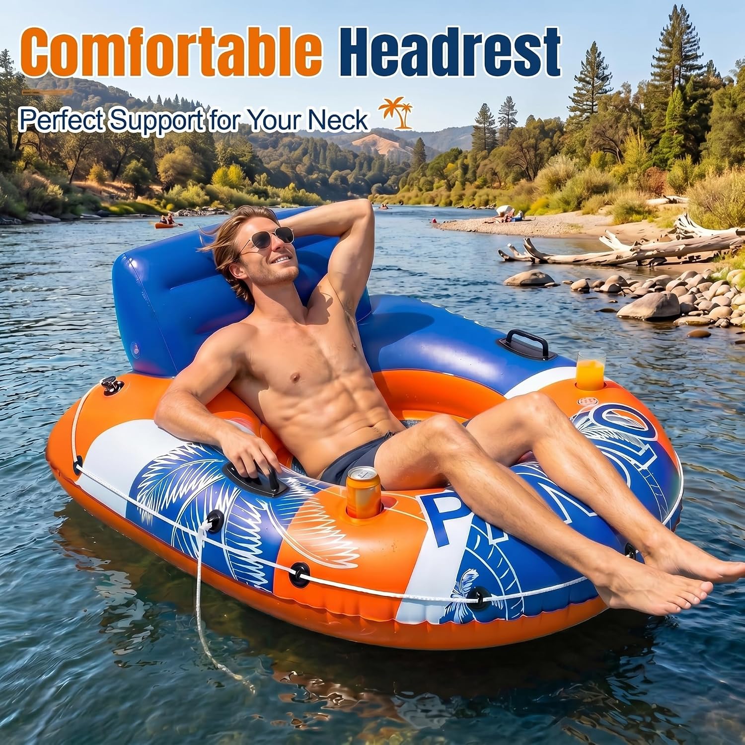 Detalle de PAFOLO River Floats for Adults — 53” Heavy-Duty River Tube with Cup Holders, Mesh Seat & Safety Features