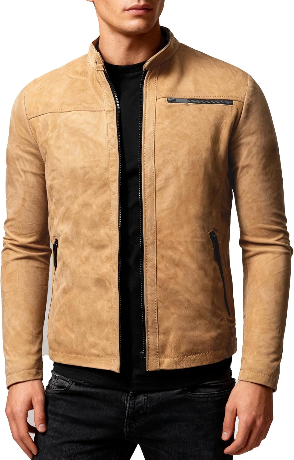 Detalle de Crone Epic Herren Lederjacke Cleane Basic aus Echtleder – in vielen Varianten und Farben