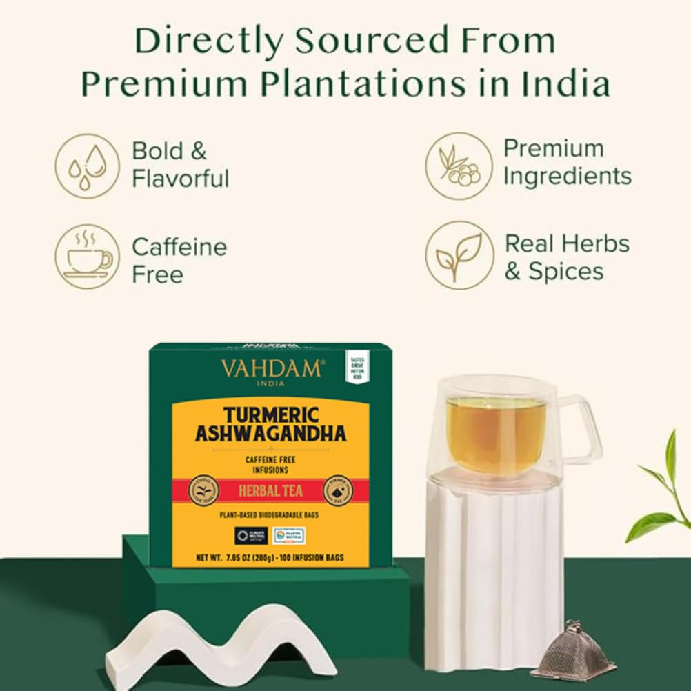 Detalle de VAHDAM Kurkuma Ashwagandha Kräutertee (100 Teebeutel) – koffeinfrei mit Kurkuma, Zitronengras & schwarzem Pfeffer