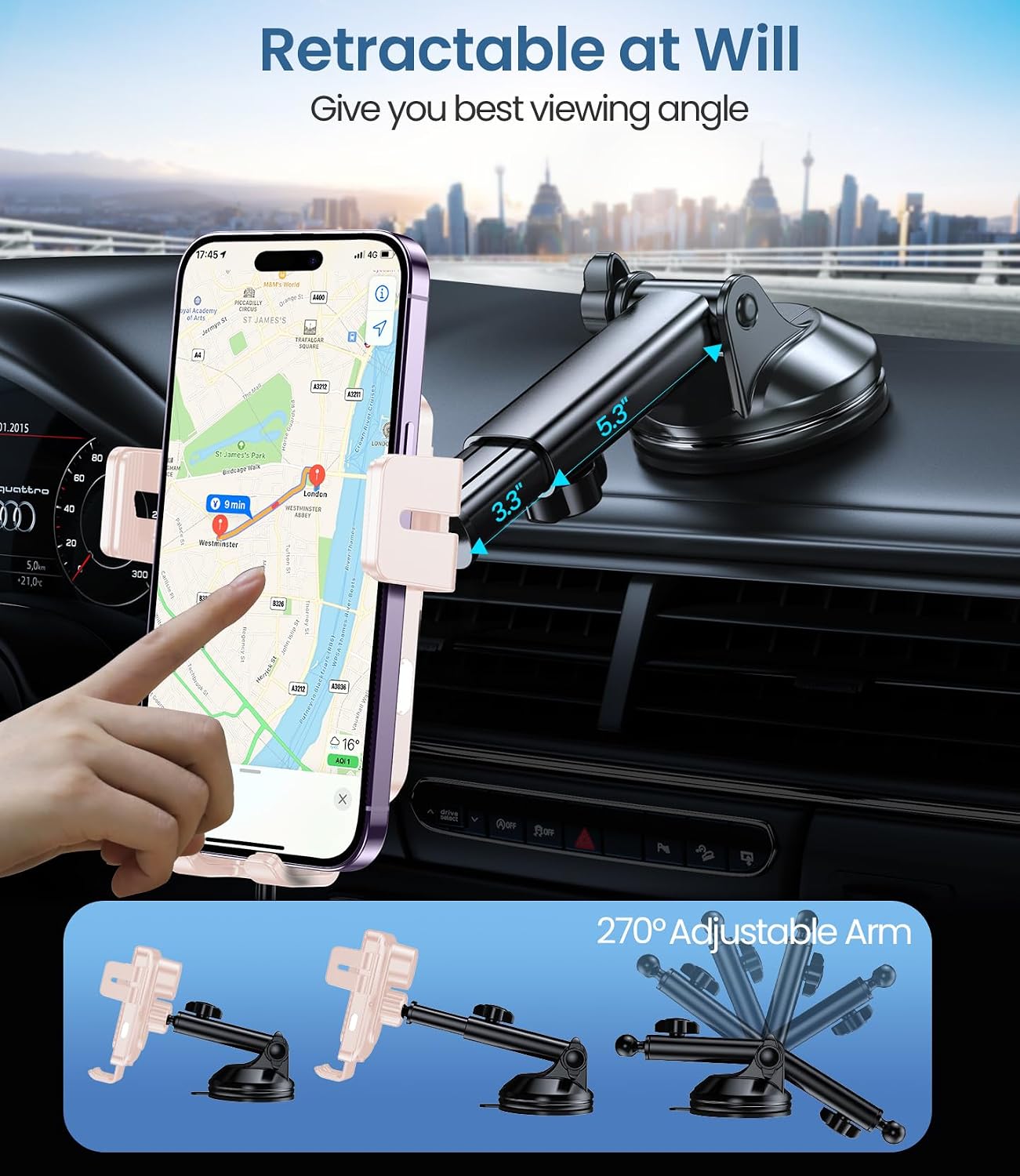 Detalle 2 de Handyhalterung Auto mit Ladefunktion (15W) – MOKPR Induktives Qi-Laden inklusive Kfz-Ladegerät, 360°-Halter (Rosa)