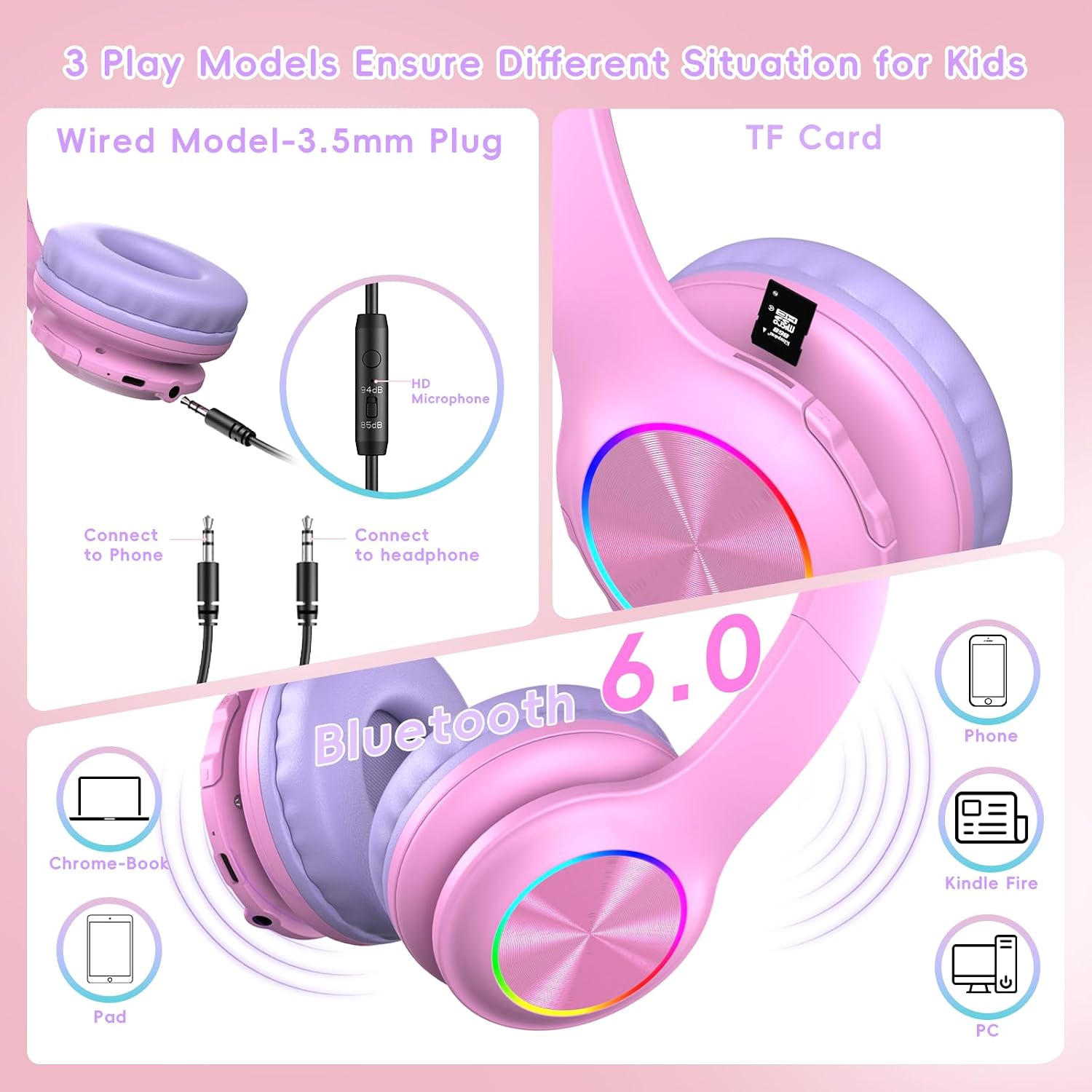 Thumbnail 1 de Candy Bila 6.0 Bluetooth Kinder-Kopfhörer mit LED, HD-Mikrofon, 85 Std. Laufzeit & Lautstärkebegrenzung (85/94 dB) – Rosa