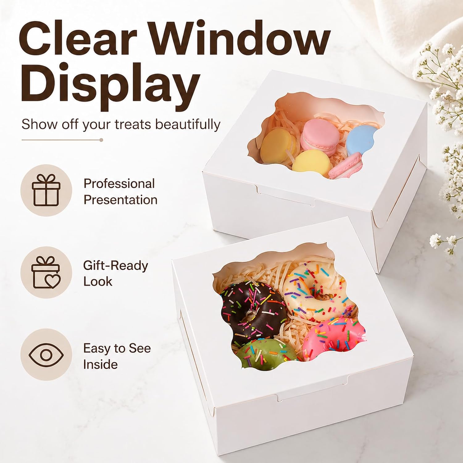 Detalle 2 de uprinacc 6 x 6 x 3 in Bakery Boxes with Window, Stickers, White Paperboard