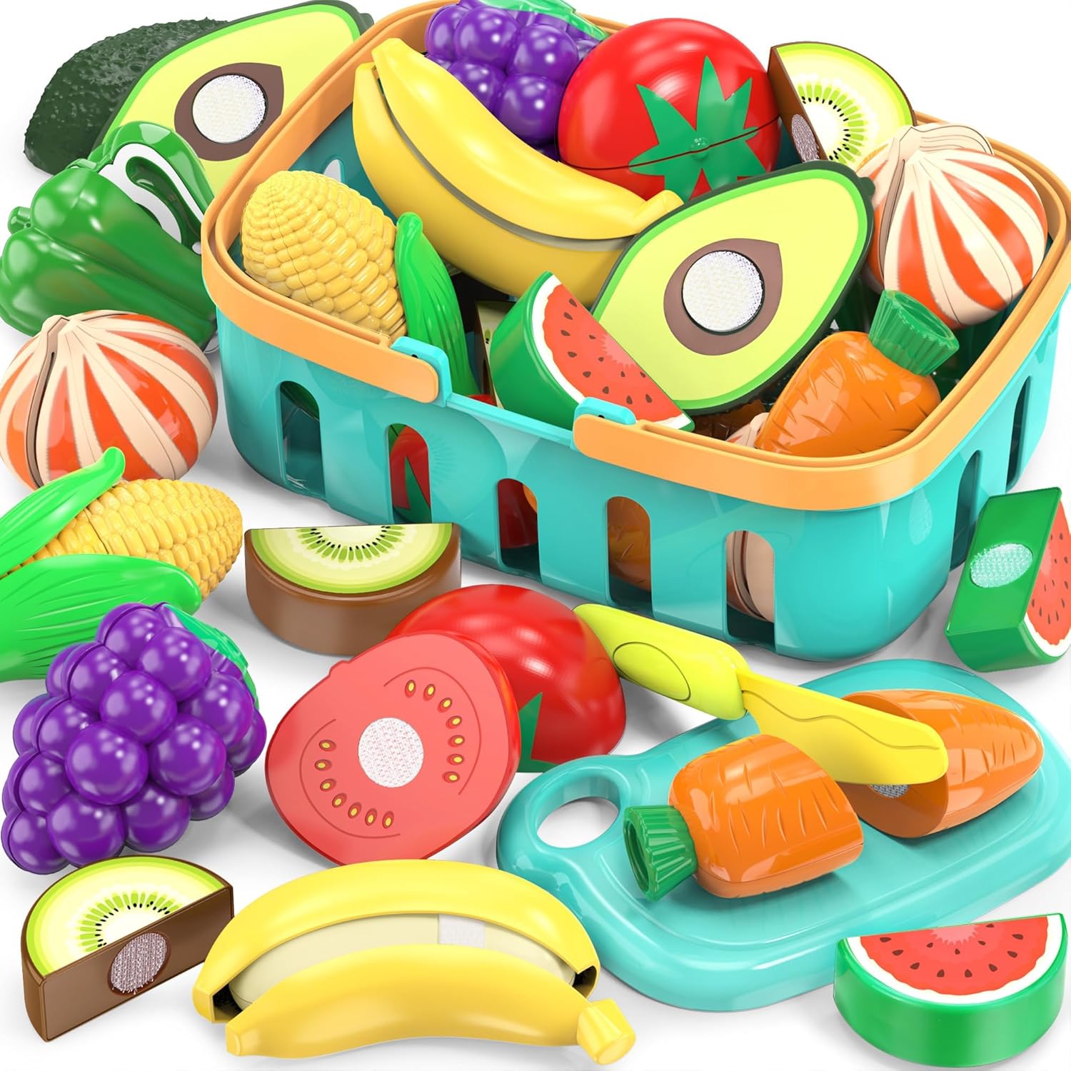 Detalle de Cutting Play Food Toys for Kids — 28-Piece Pretend Kitchen Set with Basket, Board, and Plastic Knife