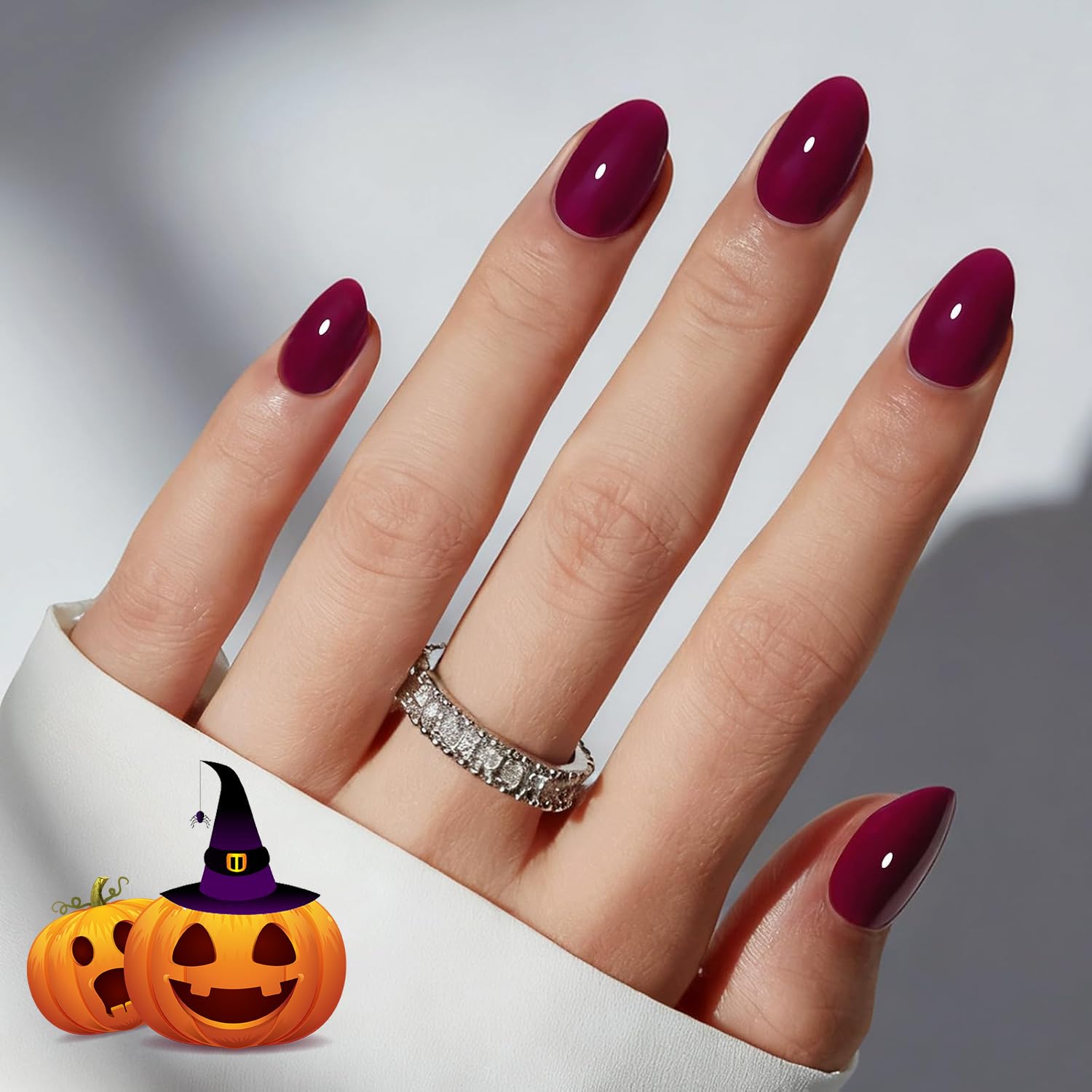 Detalle de modelones Short Oval Press-On Nails, Burgundy, 32-Piece Kit with Glue and Tabs